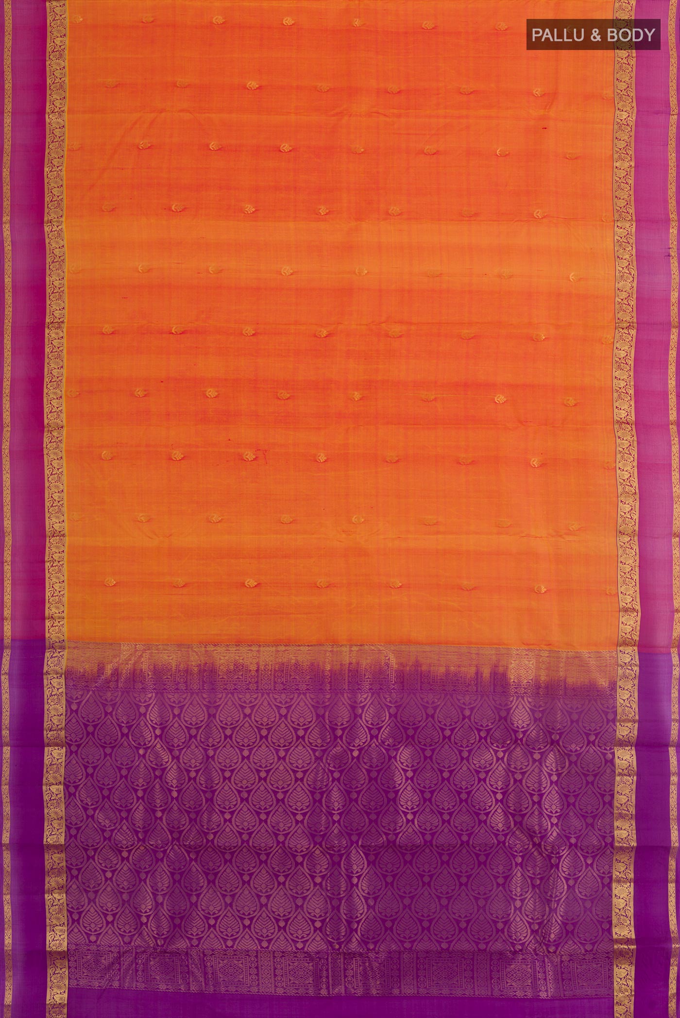 Flat view of Orange Kanjivaram Silk Saree with Zari Butta on the body and Paithani Border. 