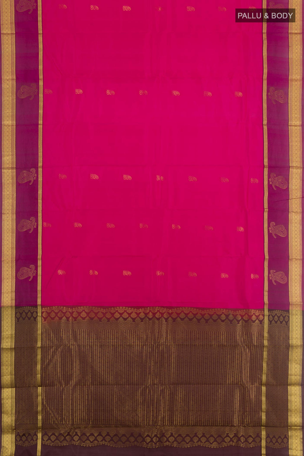 Flat view of Pink Kanjivaram Silk Saree with Zari Butta on the body and Zari Border. 