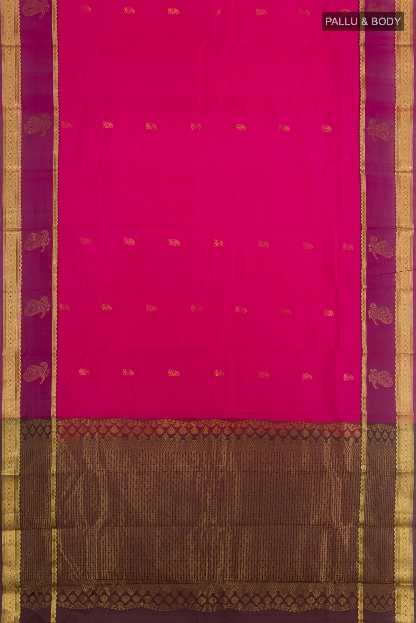 Flat view of Pink Kanjivaram Silk Saree with Zari Butta on the body and Zari Border. 