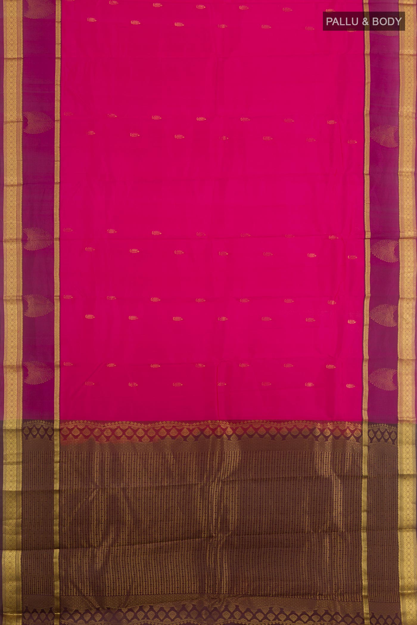 Flat view of Pink Kanjivaram Silk Saree with Zari Butta on the body and Zari Border. 