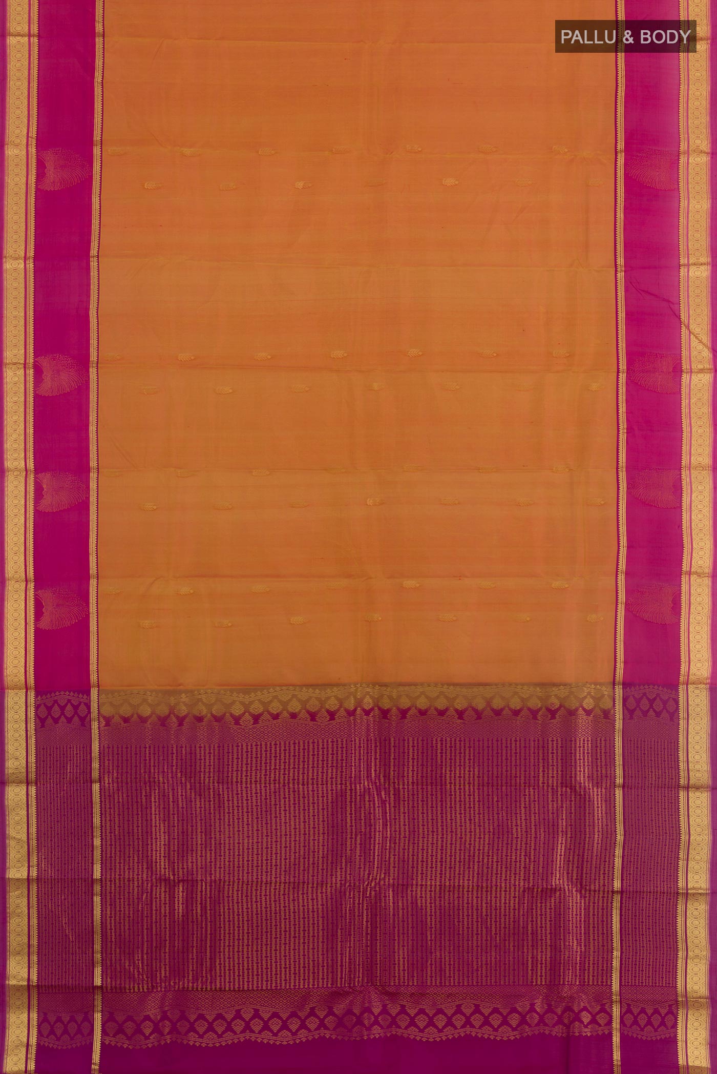 Flat view of Orange Kanjivaram Silk Saree with Zari Butta on the body and Zari Border. 