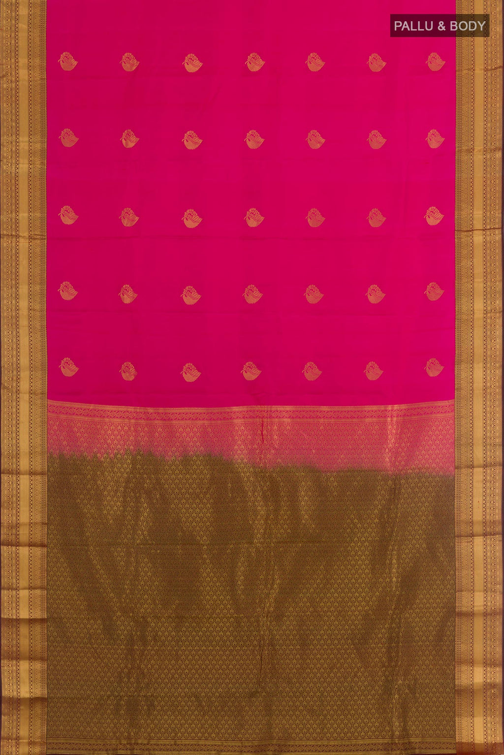 Flat view of Pink Kanchipuram Silk Saree with Zari Butta on the body and Zari Border. 