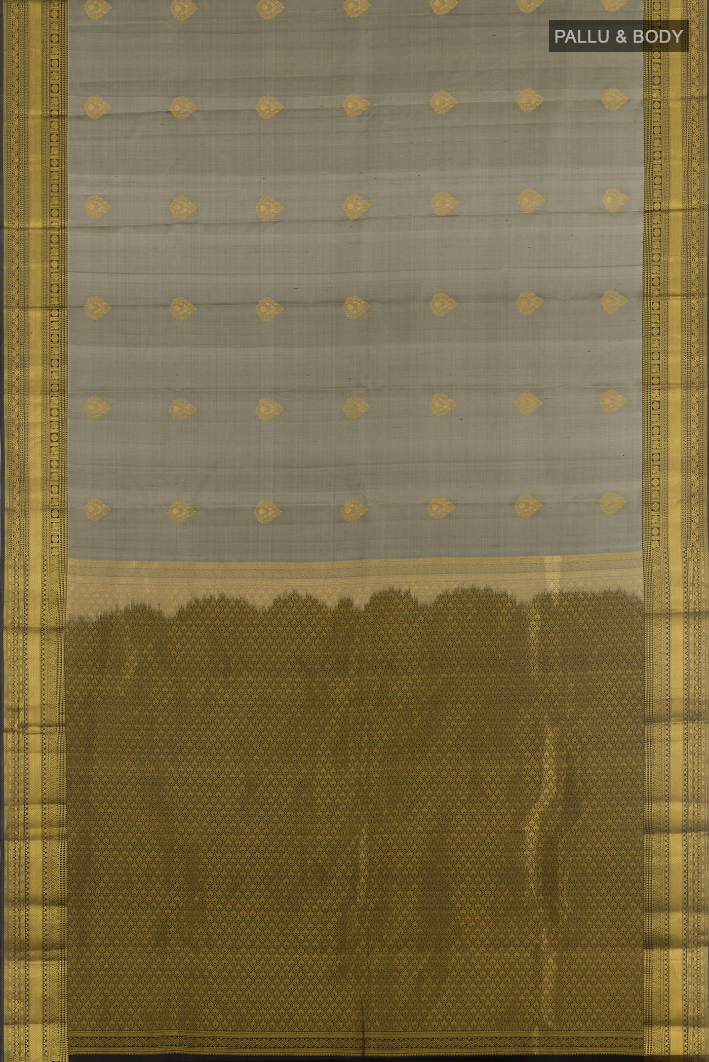 Flat view of Grey Kanchipuram Silk Saree with Zari Butta on the body and Zari Border. 