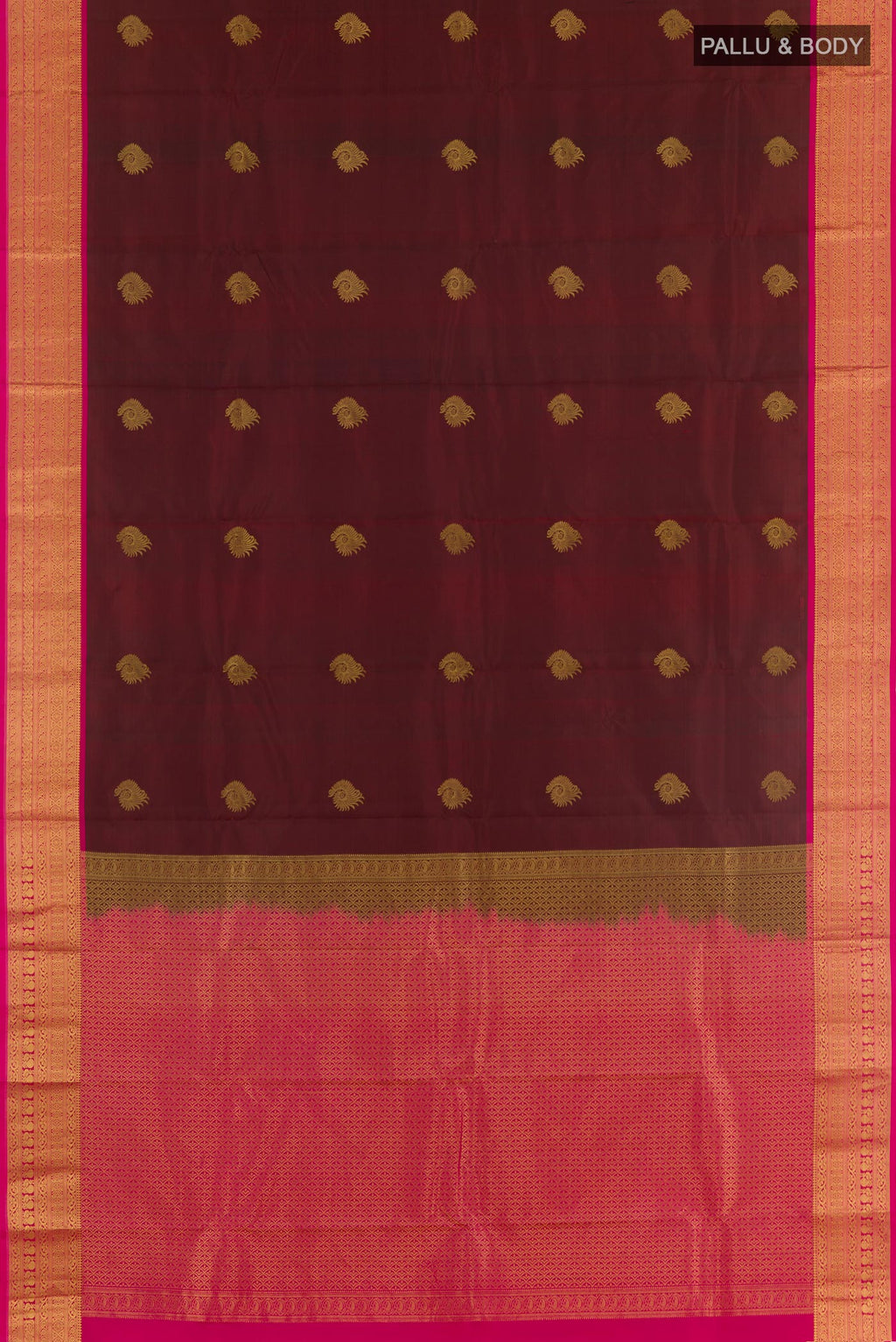 Flat view of Maroon Kanchipuram Silk Saree with Zari Butta on the body and Zari Border. 