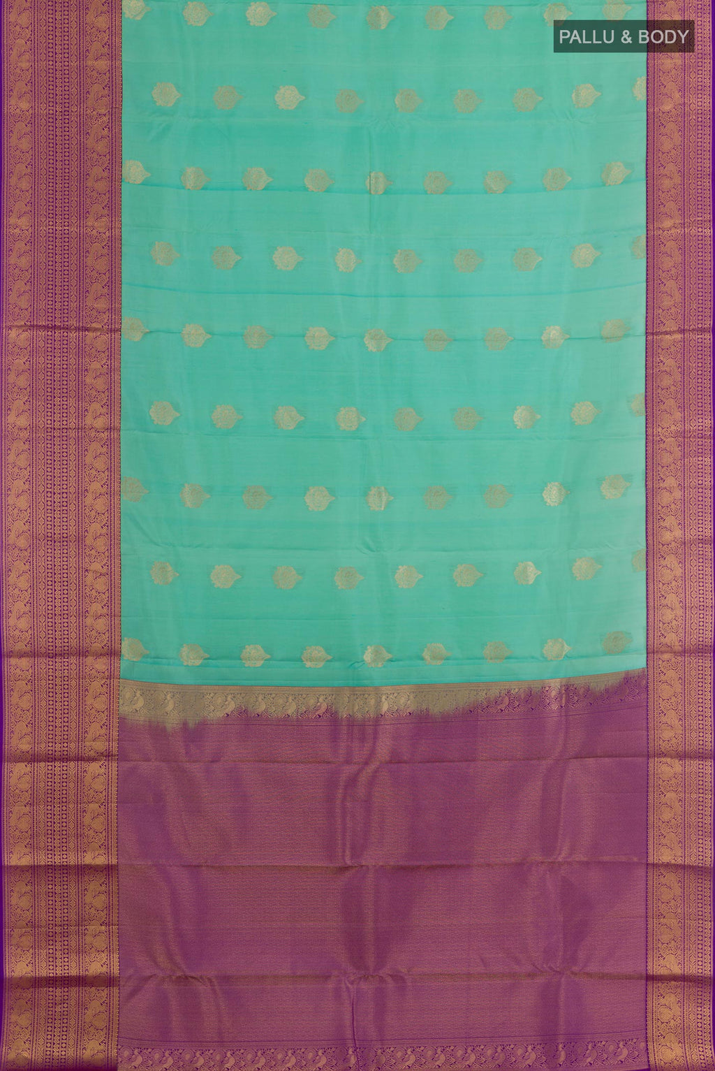 Flat view of Sea Green Kanchipuram Silk Saree with Zari Butta on the body and Paithani Border. 