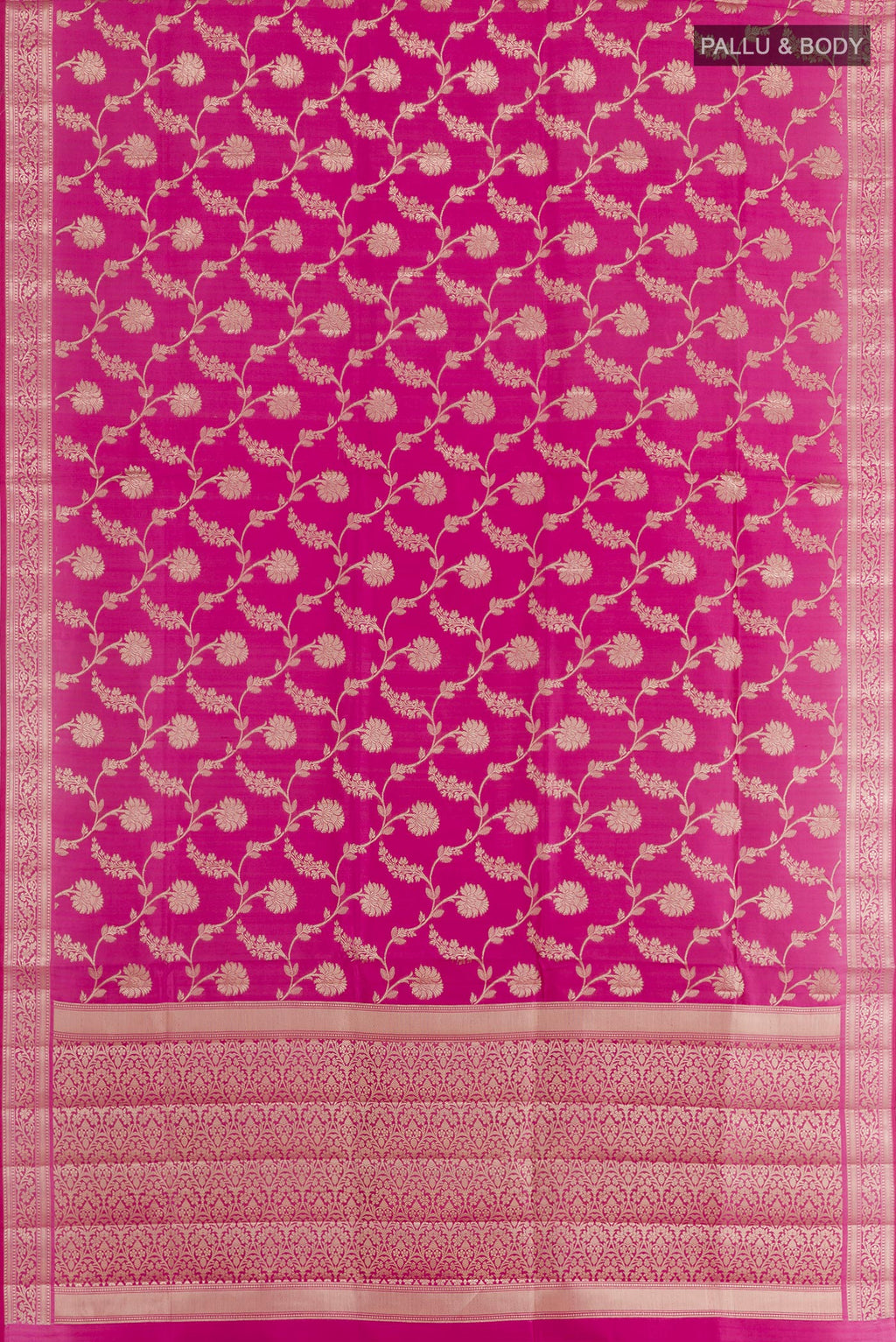 Flat view of Rani Pink Tussar Silk Saree with Zari Brocade on the body and Zari Border. 