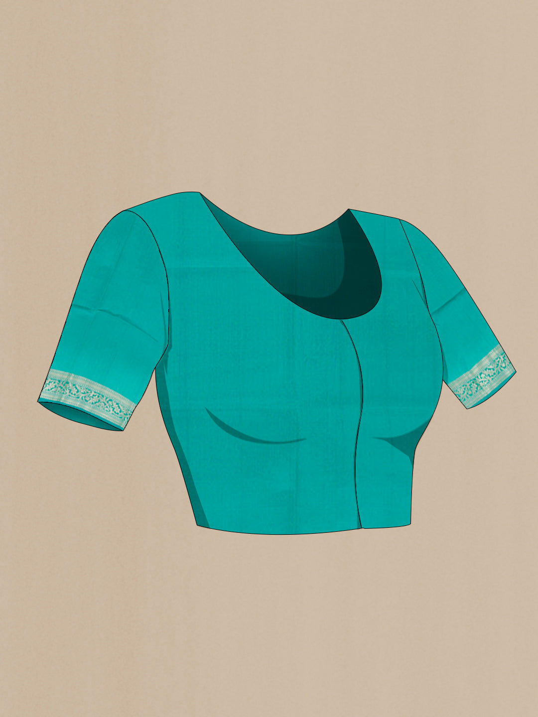 Close up image of the blouse of Sea Green Banarasi Tussar Silk Saree with Zari Brocade on the body and Zari Border. 