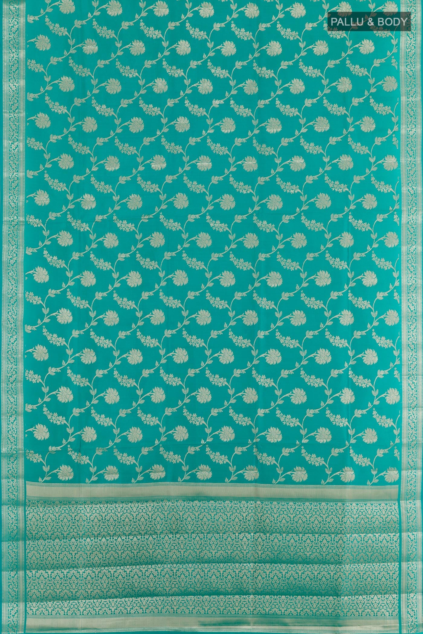 Flat view of Sea Green Banarasi Tussar Silk Saree with Zari Brocade on the body and Zari Border. 