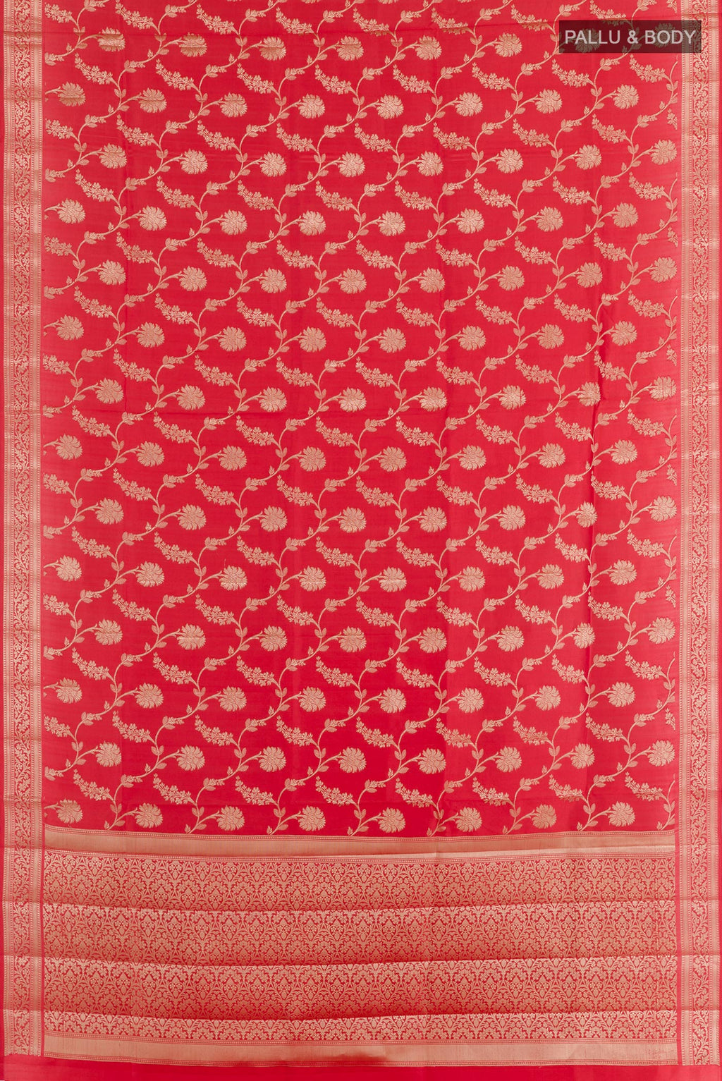 Flat view of Red Tussar Silk Saree with Zari Brocade on the body and Zari Border. 