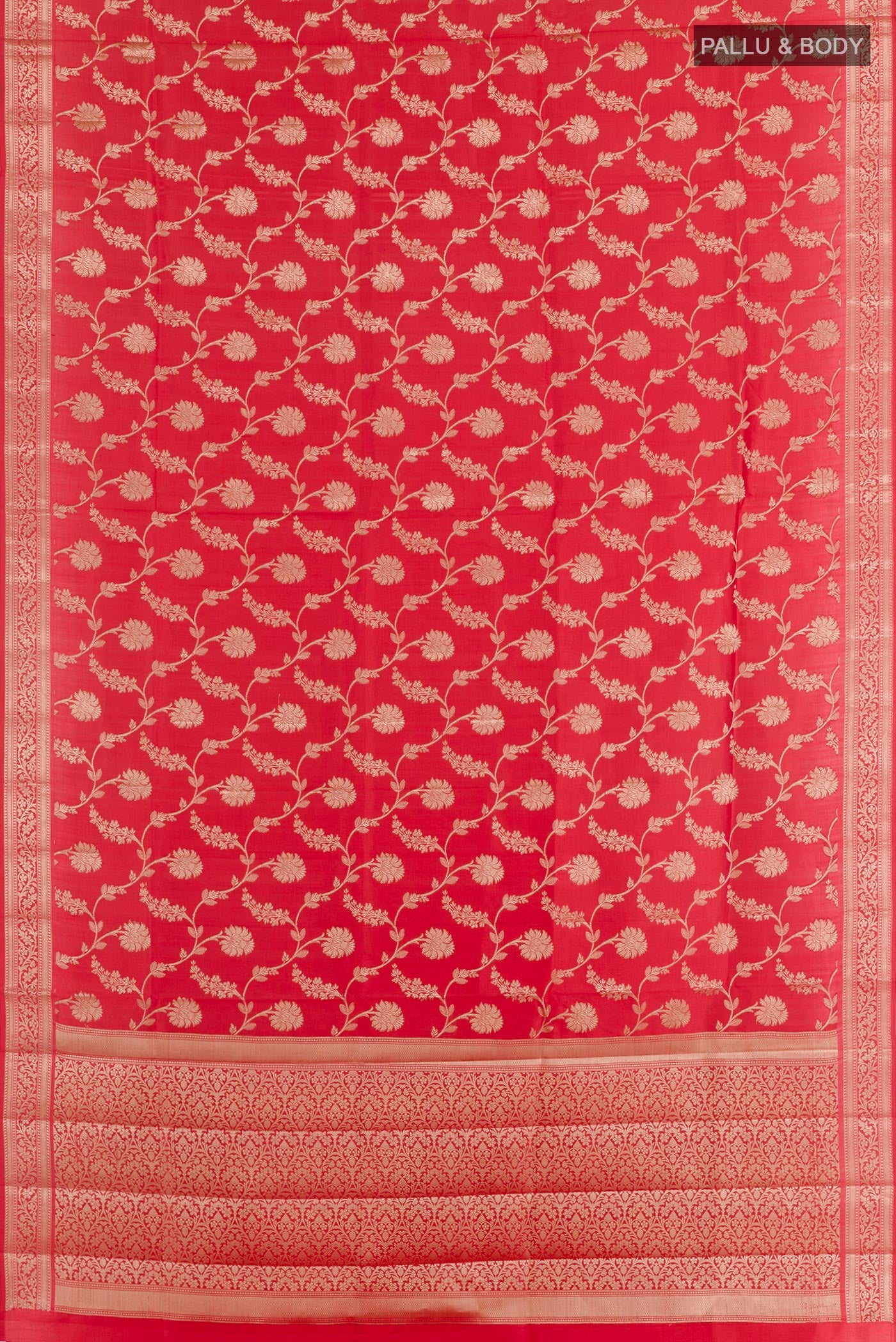 Flat view of Red Tussar Silk Saree with Zari Brocade on the body and Zari Border. 