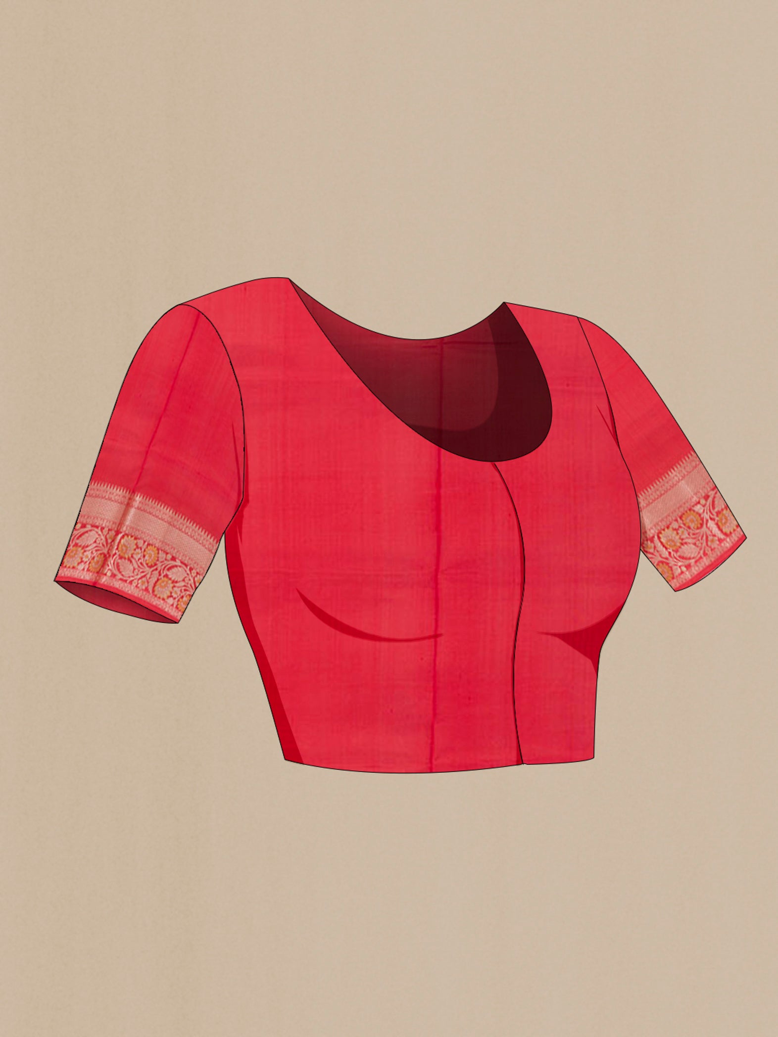 Close up image of the blouse of Red Tussar Silk Saree with Zari Butta on the body and Zari Border. 