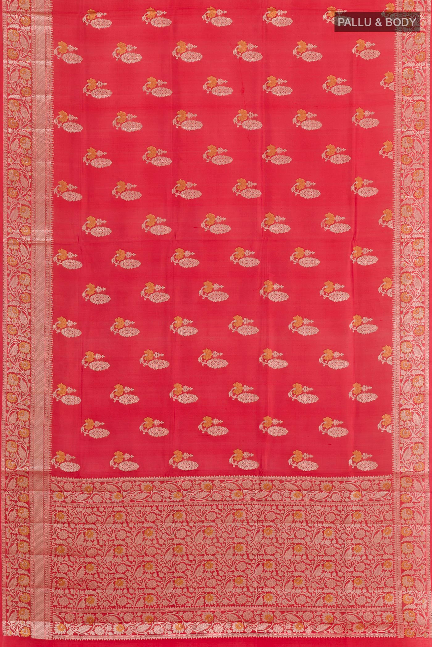 Flat view of Red Tussar Silk Saree with Zari Butta on the body and Zari Border. 