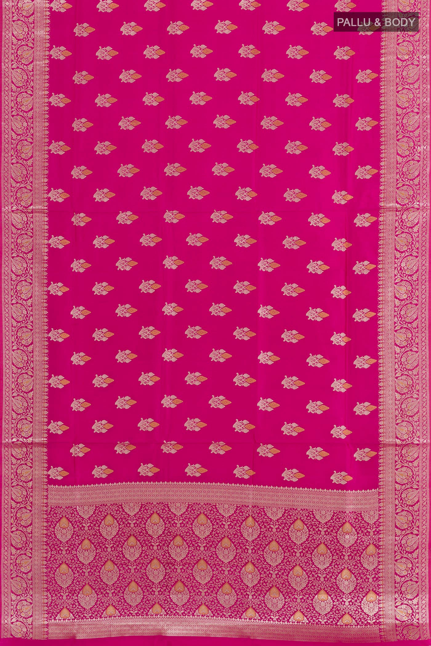 Flat view of Rani Pink Tussar Silk Saree with Zari Butta on the body and Zari Border. 