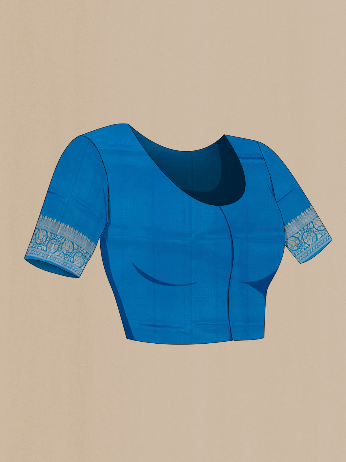 Close up image of the blouse of Blue Tussar Silk Saree with Zari Butta on the body and Zari Border. 