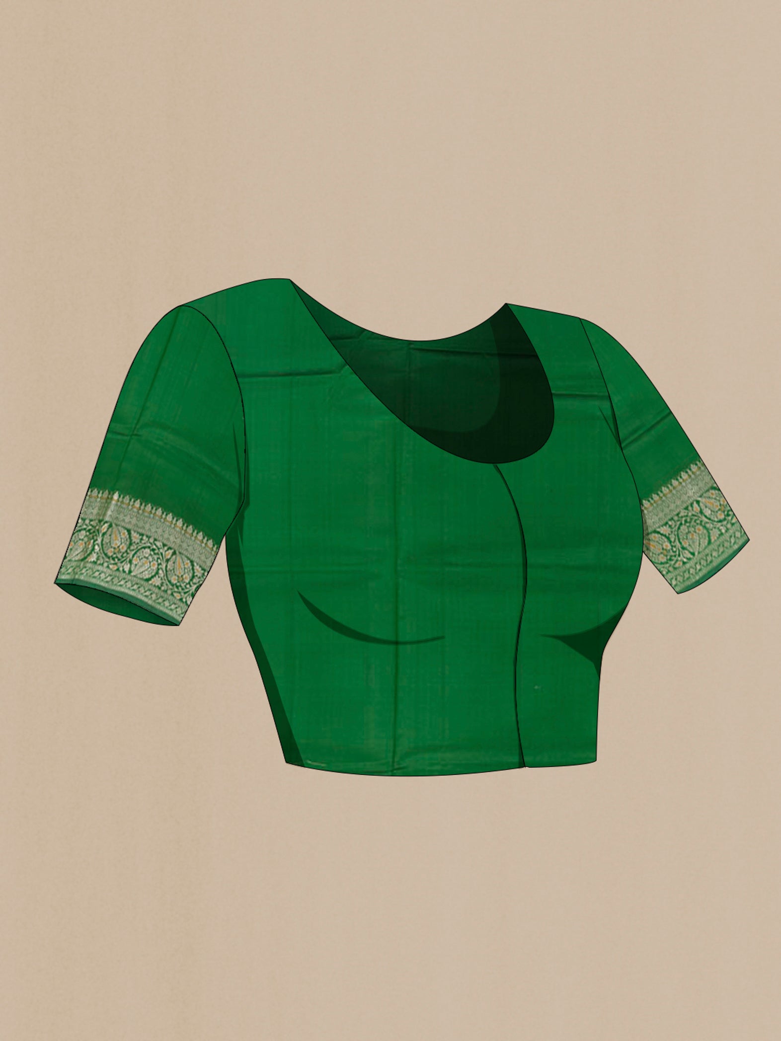 Close up image of the blouse of Green Tussar Silk Saree with Zari Butta on the body and Zari Border. 