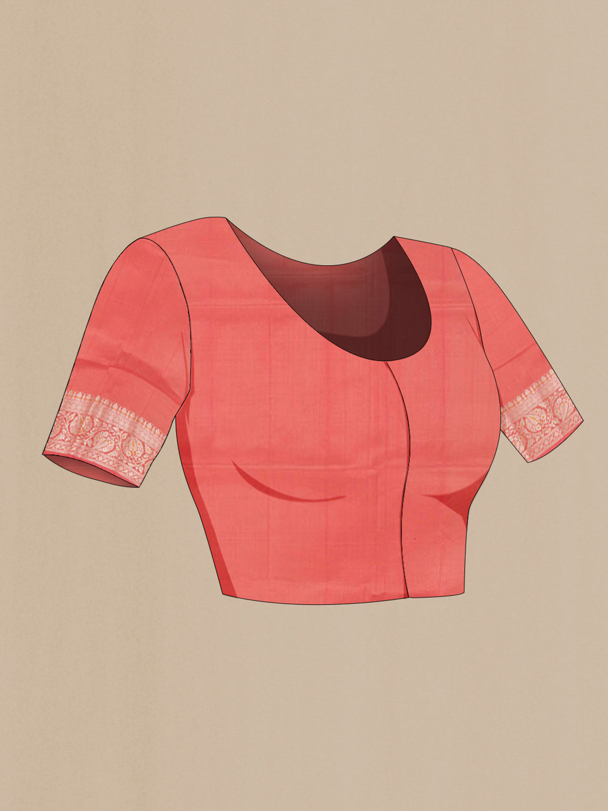 Close up image of the blouse of Peach Tussar Silk Saree with Zari Butta on the body and Zari Border. 