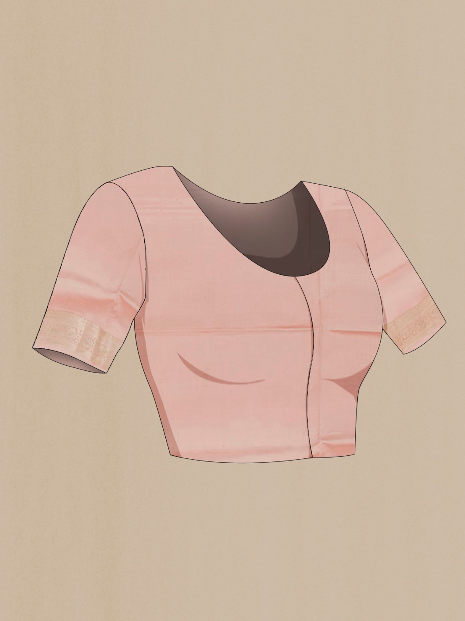 Close up image of the blouse of Imperial Pink Tussar Silk Saree with Zari Butta on the body and Zari Border. 