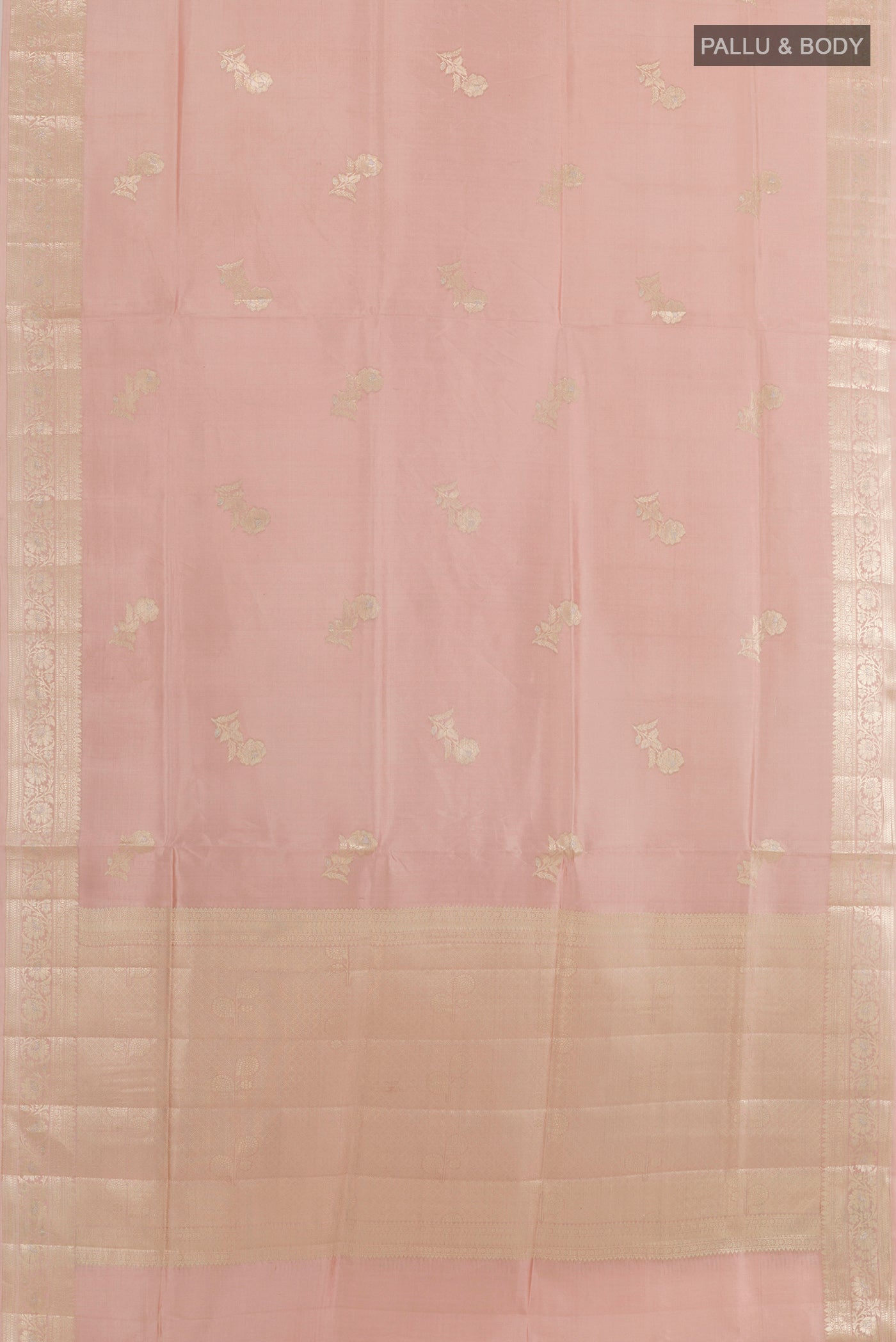 Flat view of Imperial Pink Tussar Silk Saree with Zari Butta on the body and Zari Border. 