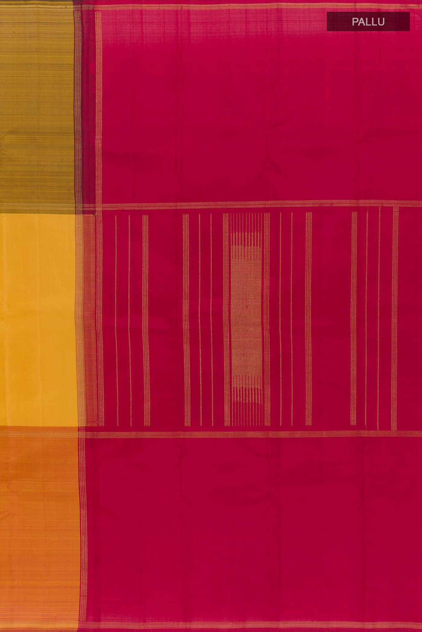 Close up image of the pallu of Multi Color Kanjivaram Silk Saree with Stripes on the body and Zari Border. 