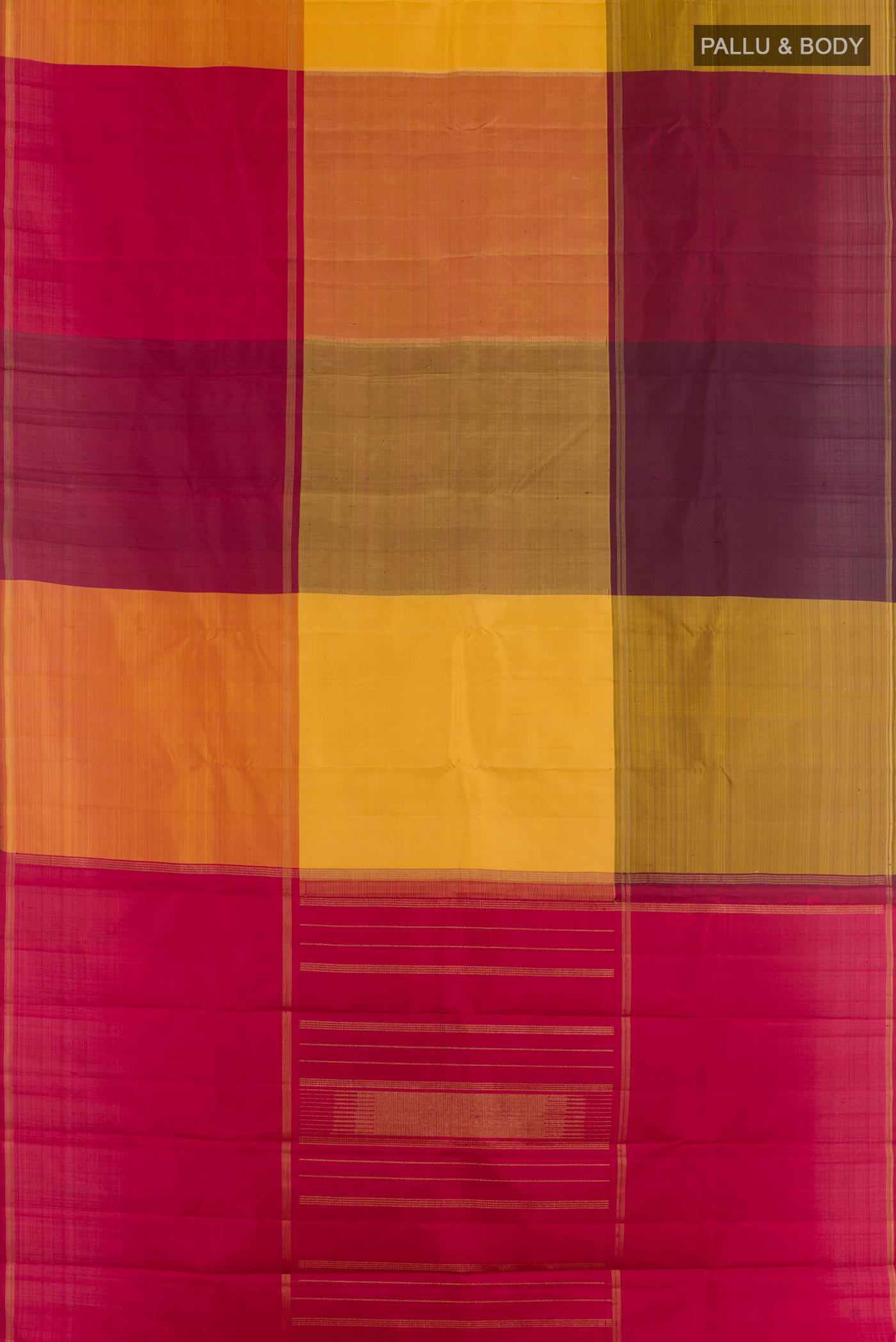 Flat view of Multi Color Kanjivaram Silk Saree with Stripes on the body and Zari Border. 