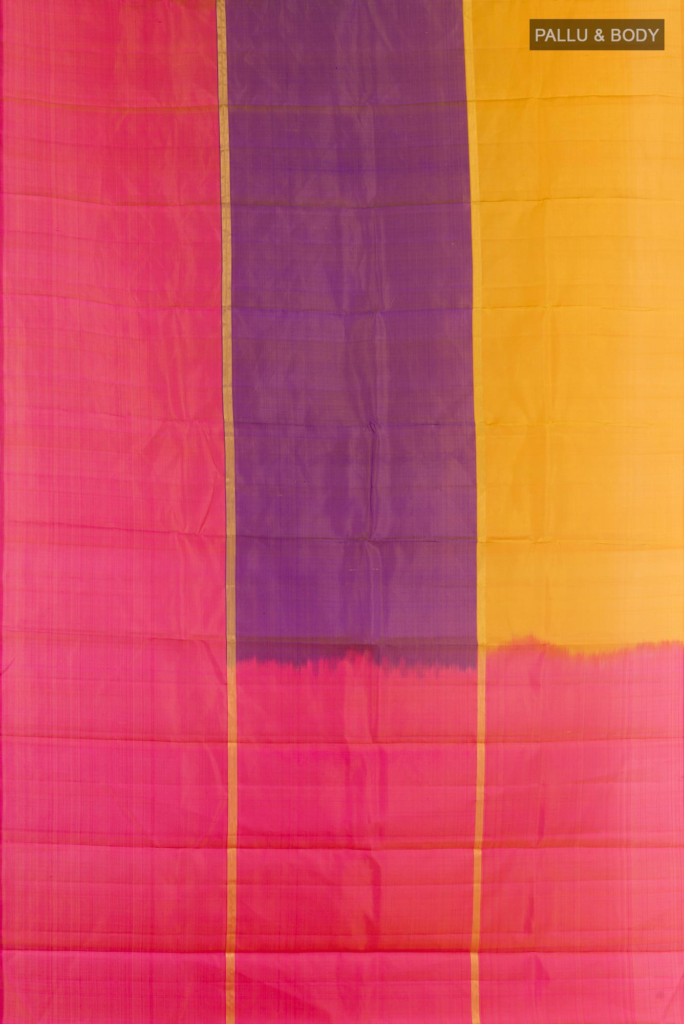 Flat view of Multi Color Kanjivaram Silk Saree with Stripes on the body and Zari Border. 