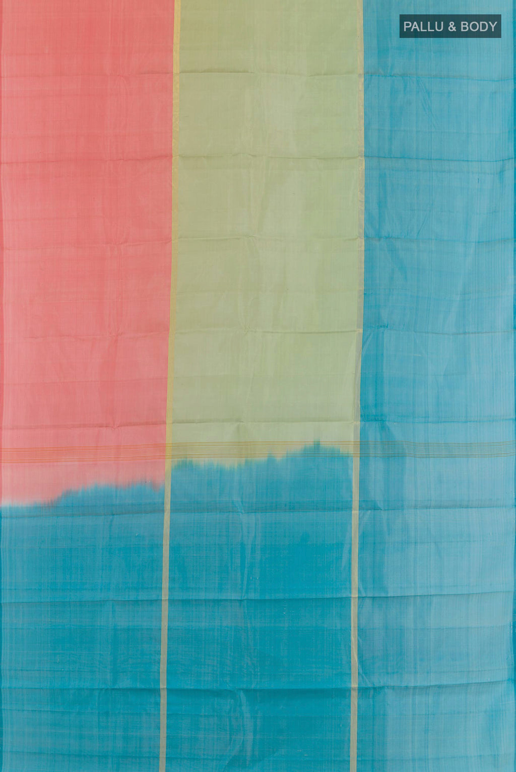 Flat view of Multi Color Kanjivaram Silk Saree with Stripes on the body and Zari Border. 