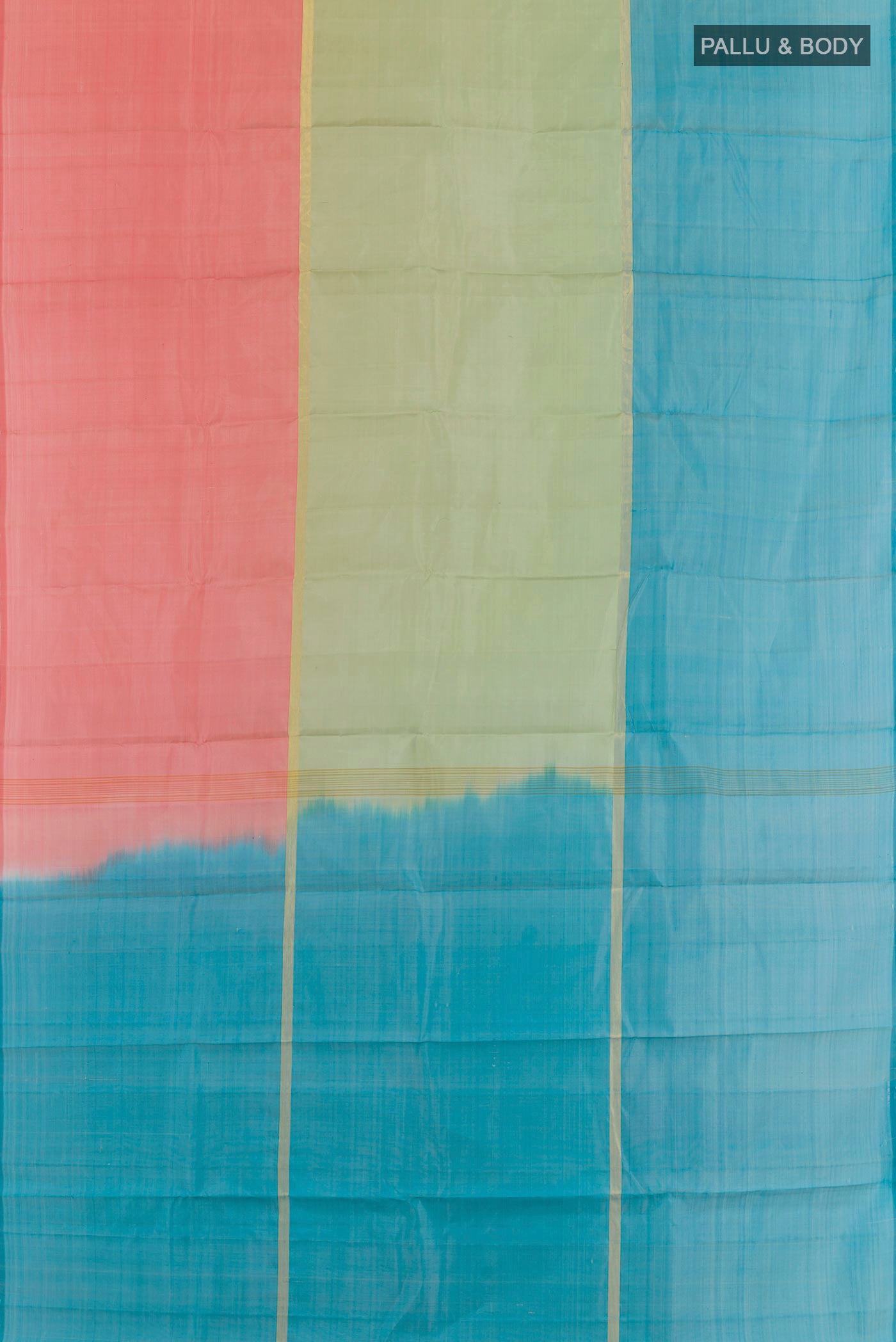 Flat view of Multi Color Kanjivaram Silk Saree with Stripes on the body and Zari Border. 