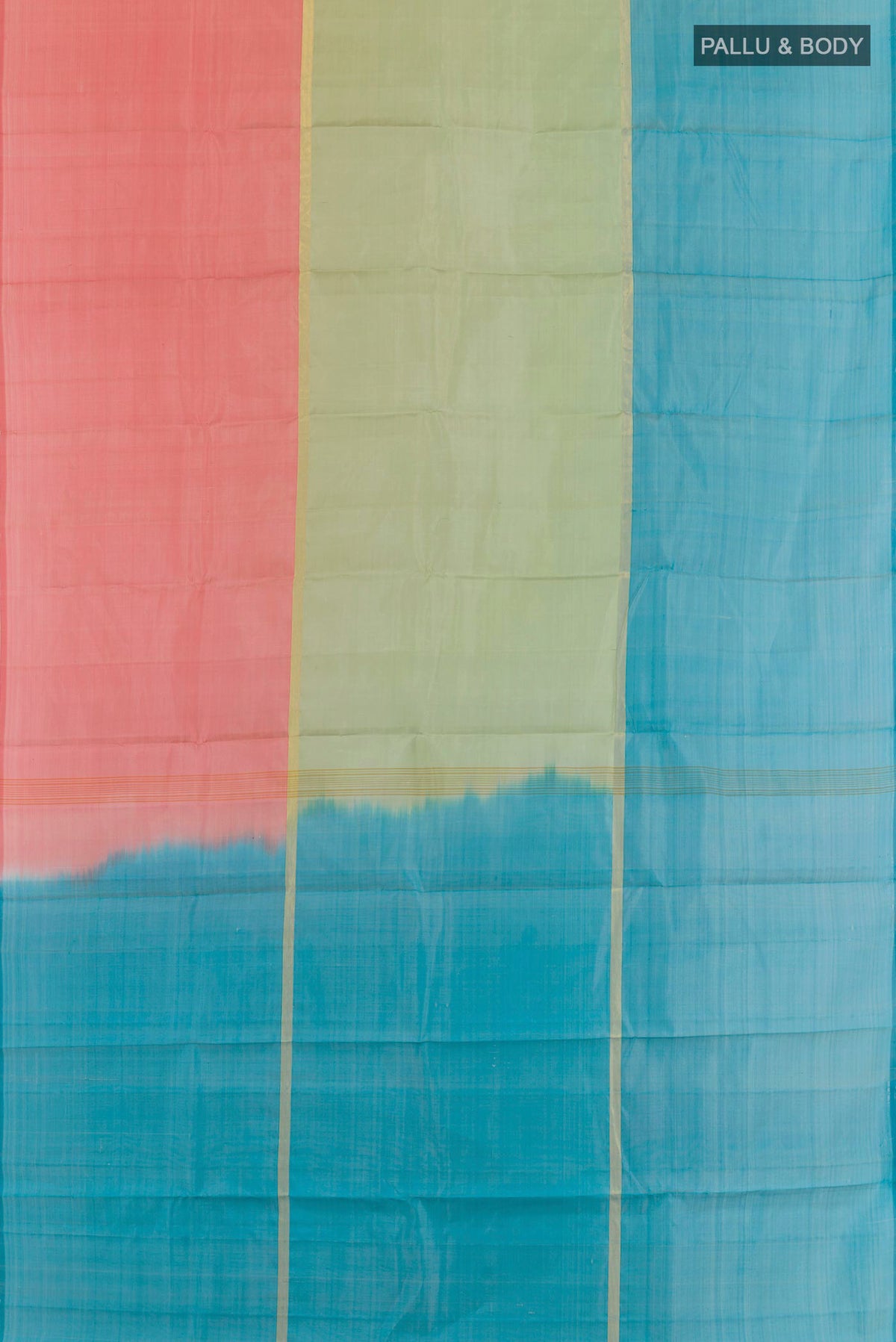 Flat view of Multi Color Kanjivaram Silk Saree with Stripes on the body and Zari Border. 