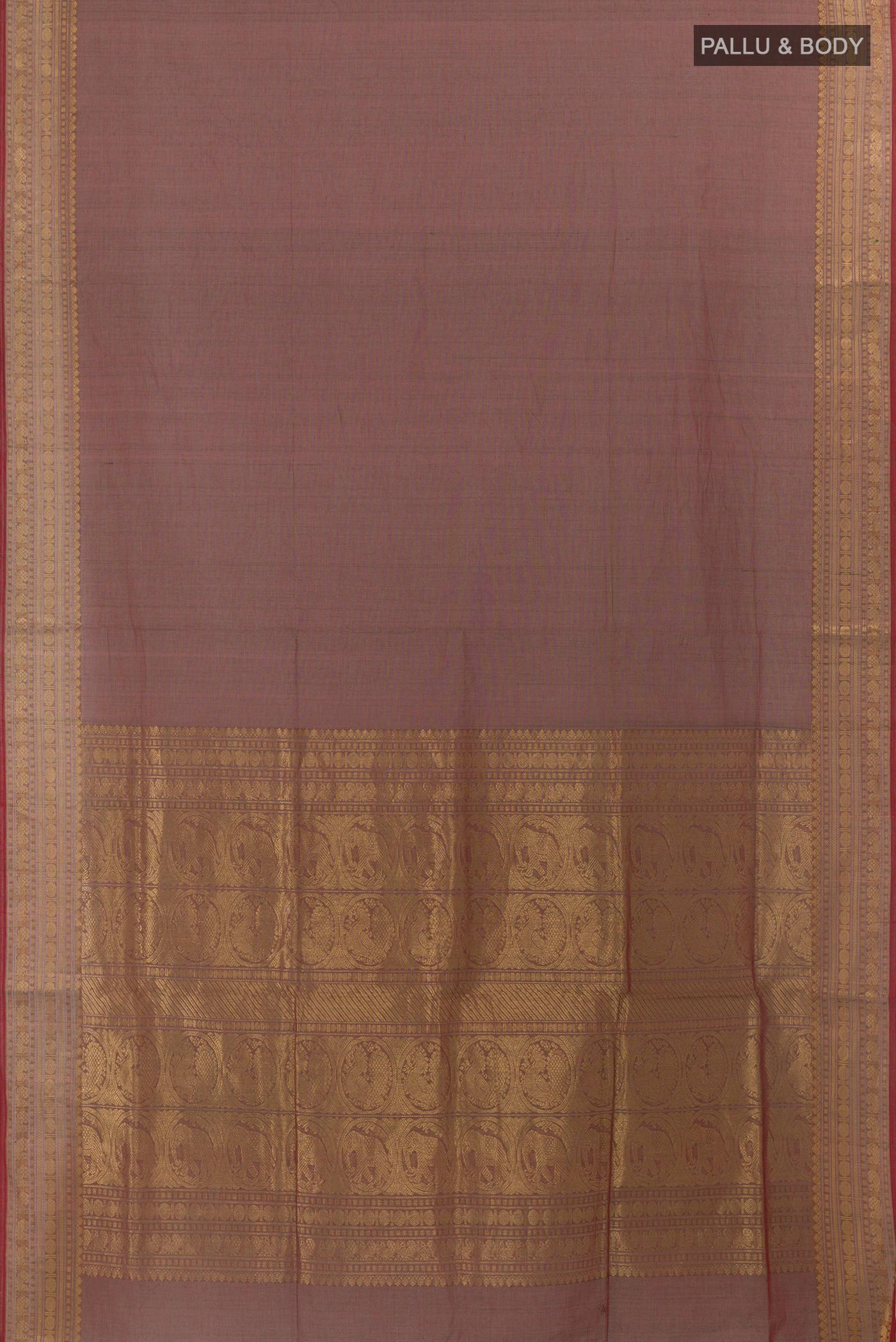 Flat view of Brown Coimbatore Cotton Saree with Plain Body and Zari Border. 
