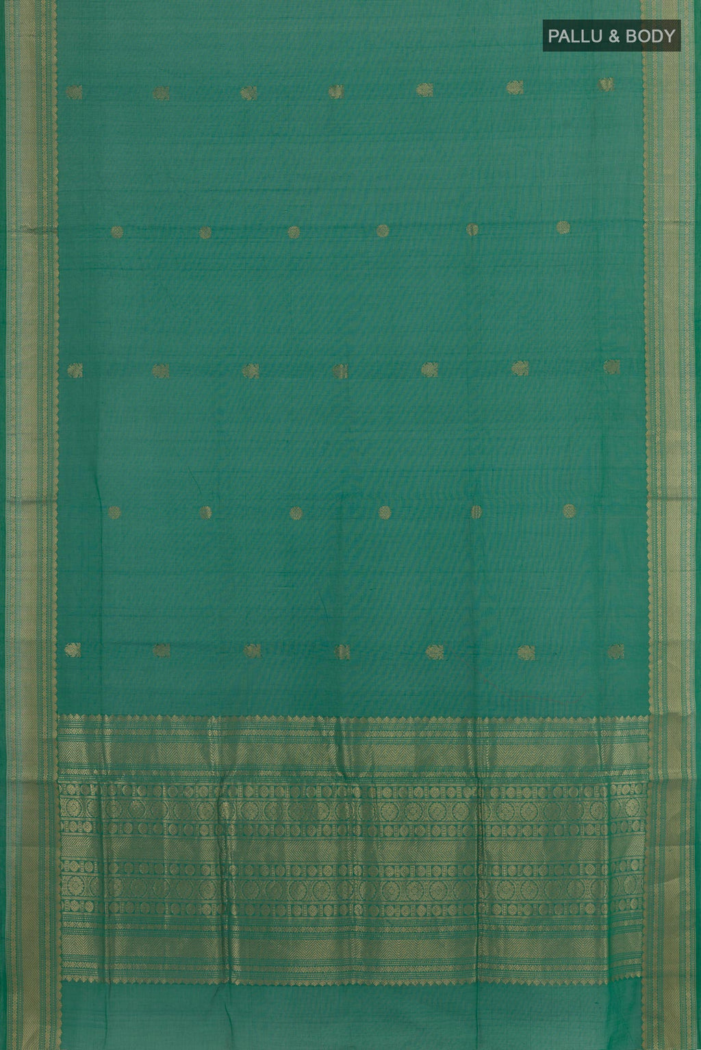 Flat view of Teal Coimbatore Cotton Saree with Zari Butta on the body and Zari Border. 