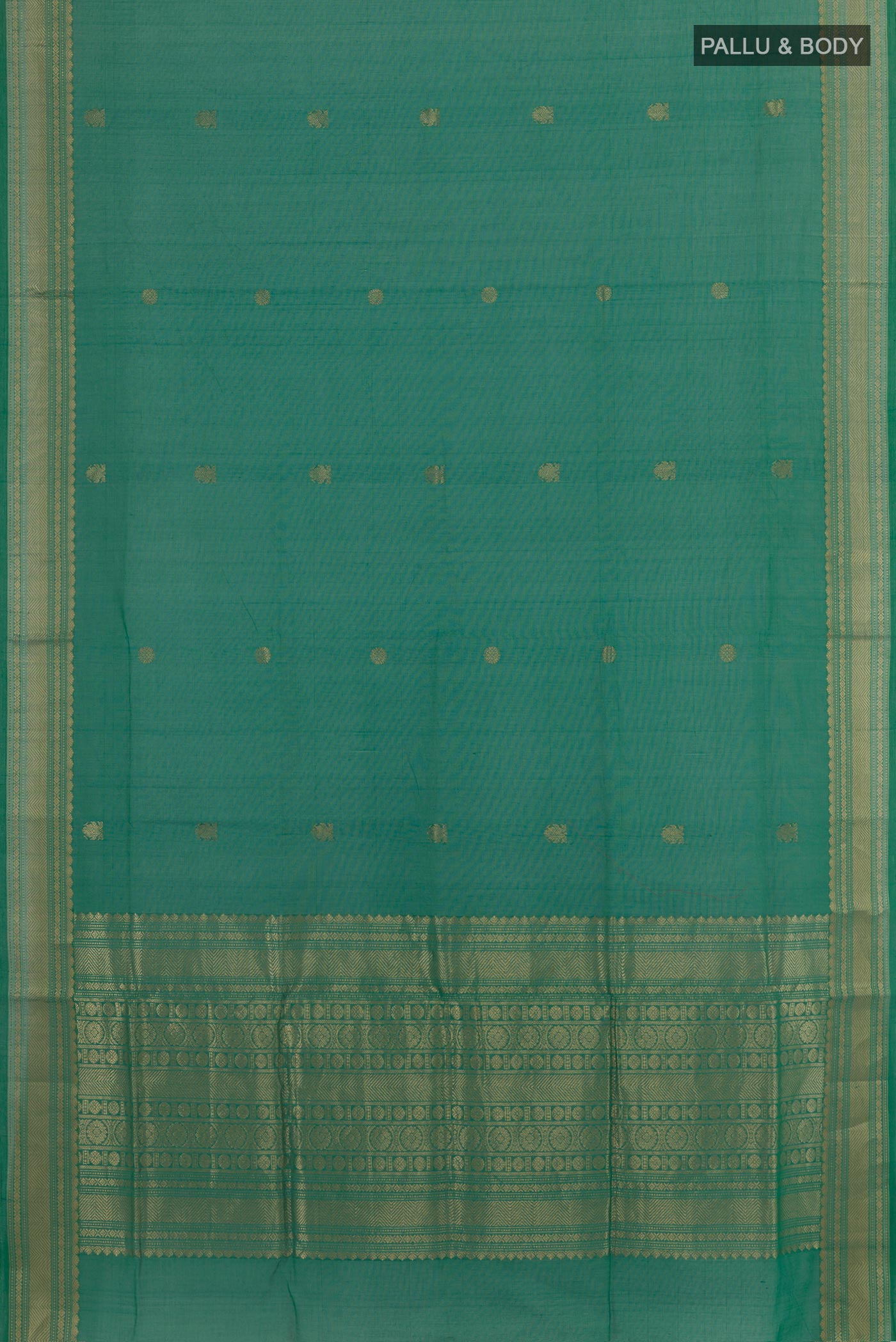 Flat view of Teal Coimbatore Cotton Saree with Zari Butta on the body and Zari Border. 