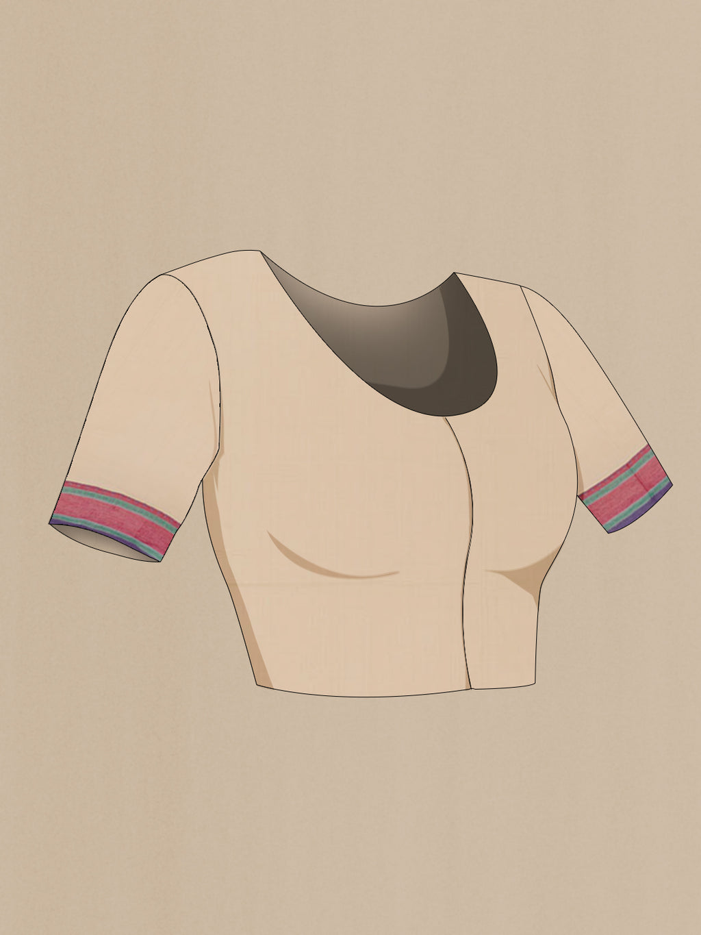 Close up image of the blouse of Beige Blended Kora Cotton Saree with Thread Butta on the body and Zari Border. 