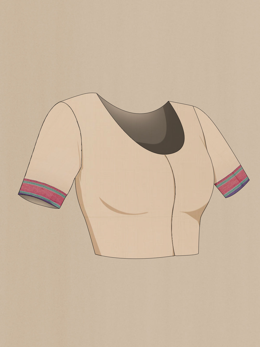 Close up image of the blouse of Beige Blended Kora Cotton Saree with Thread Butta on the body and Zari Border. 