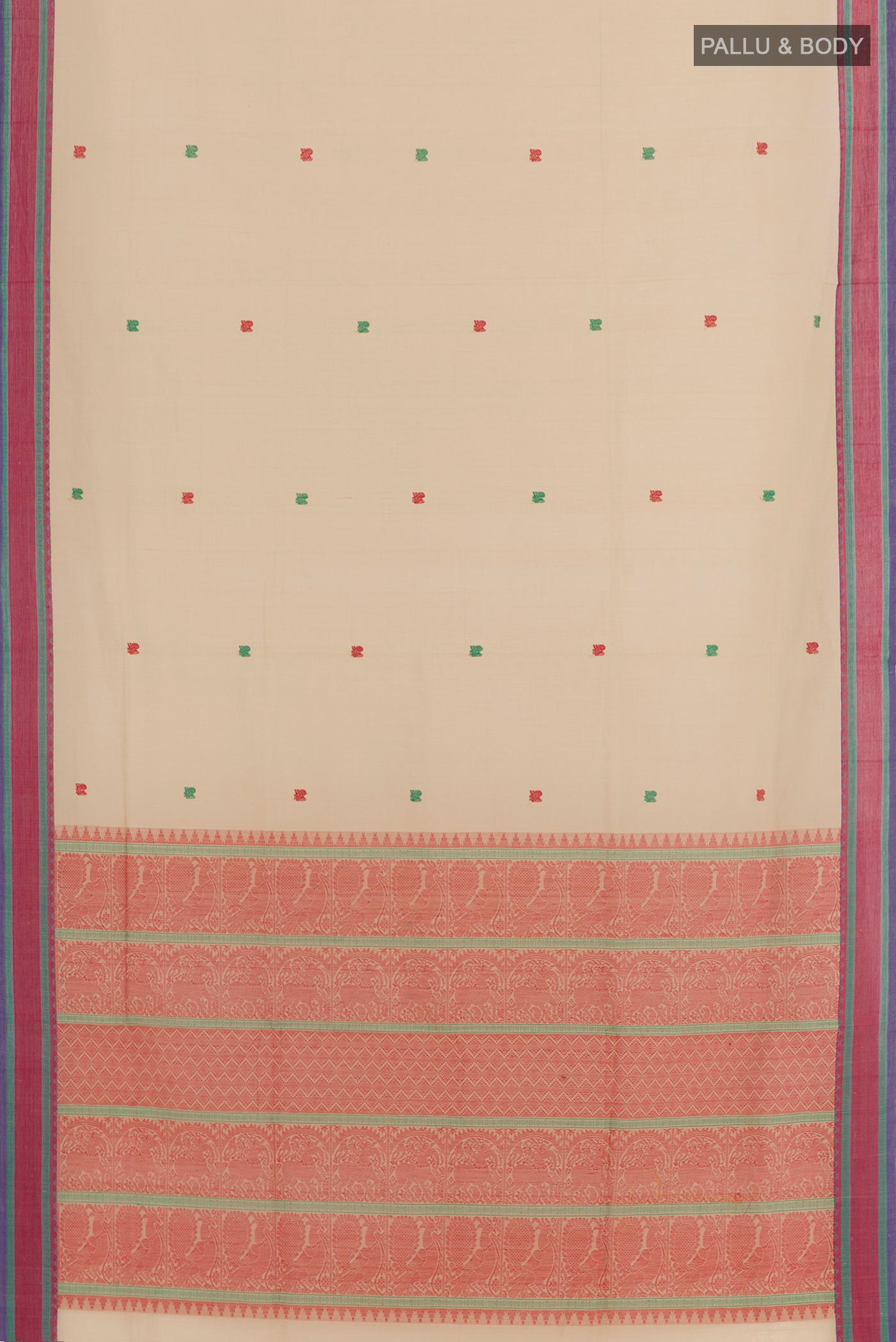 Flat view of Beige Blended Kora Cotton Saree with Thread Butta on the body and Zari Border. 