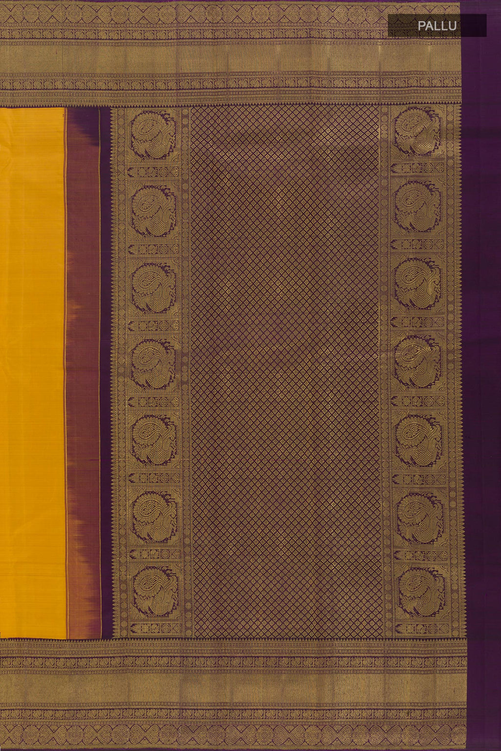Close up image of the pallu of Mustard Kanchipuram Silk Saree with Zari Butta on the body and Zari Border. 