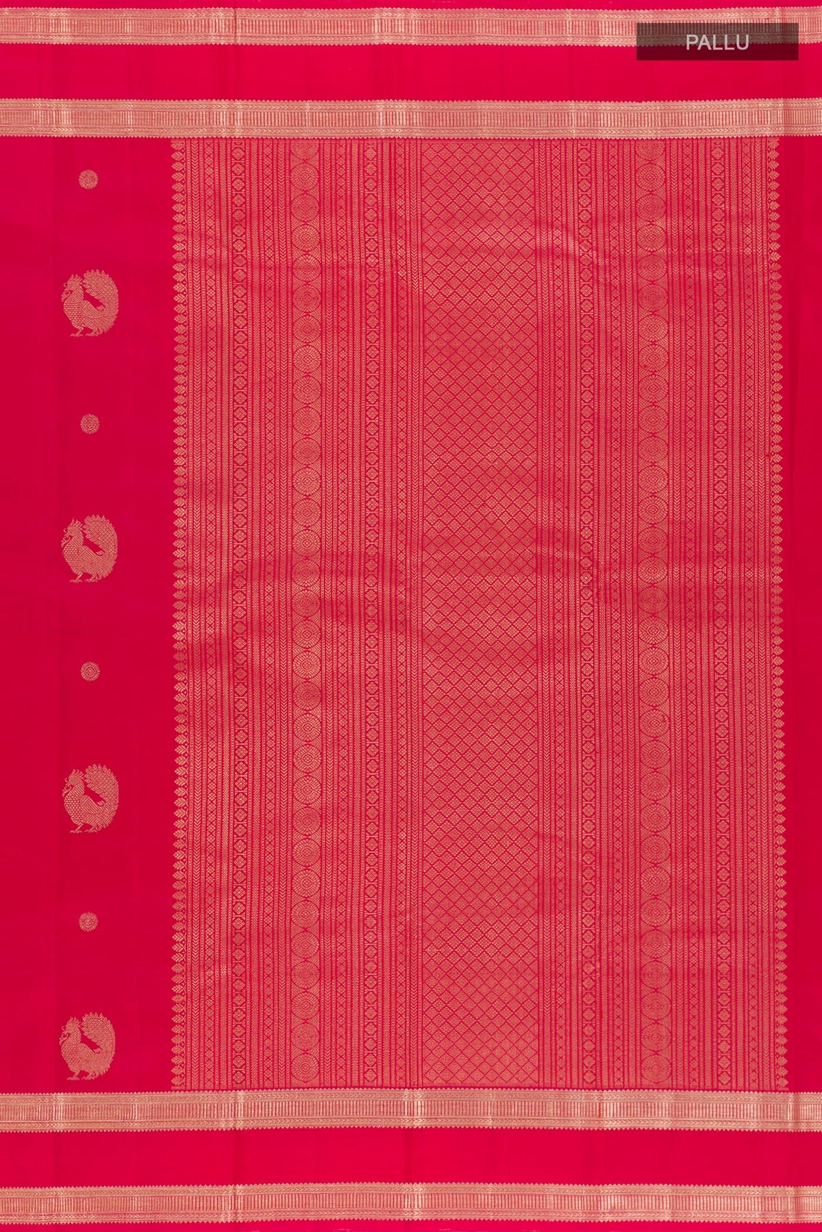 Close up image of the pallu of Red Kanjivaram Silk Saree with Zari Butta on the body and Zari Border. 