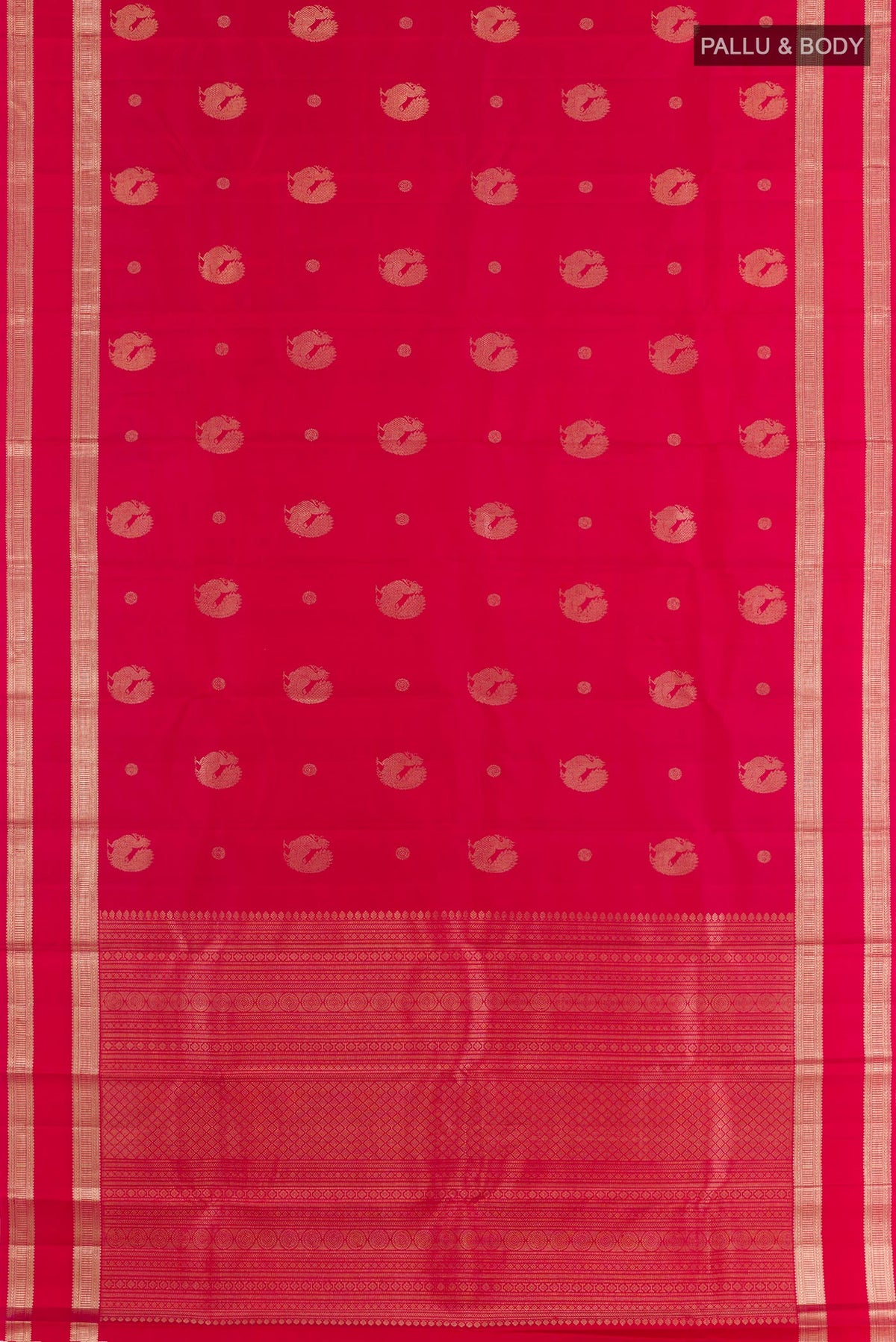 Flat view of Red Kanjivaram Silk Saree with Zari Butta on the body and Zari Border. 