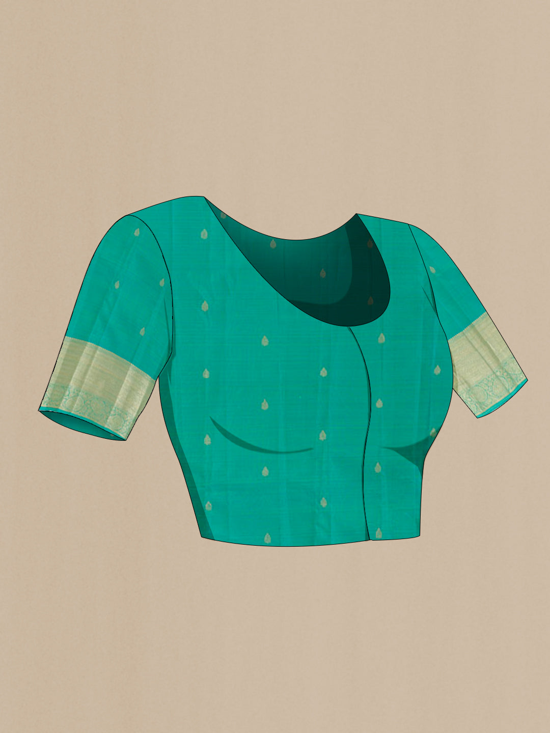 Close up image of the blouse of Blue Kanchipuram Silk Saree with Zari Brocade on the body and Zari Border. 