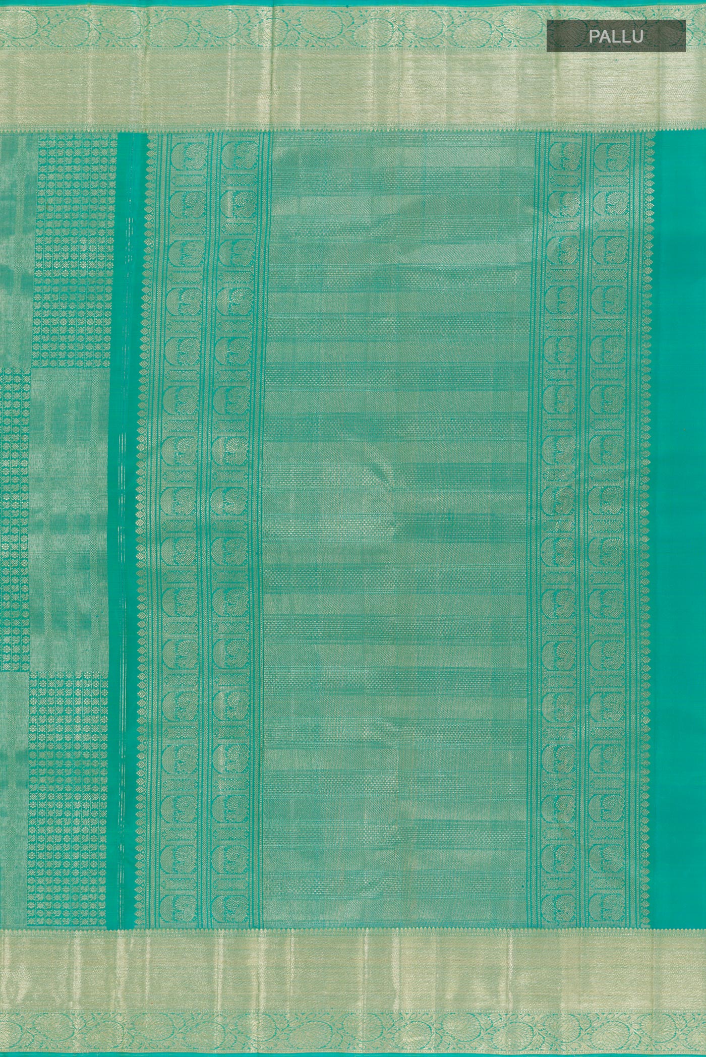 Close up image of the pallu of Blue Kanchipuram Silk Saree with Zari Brocade on the body and Zari Border. 