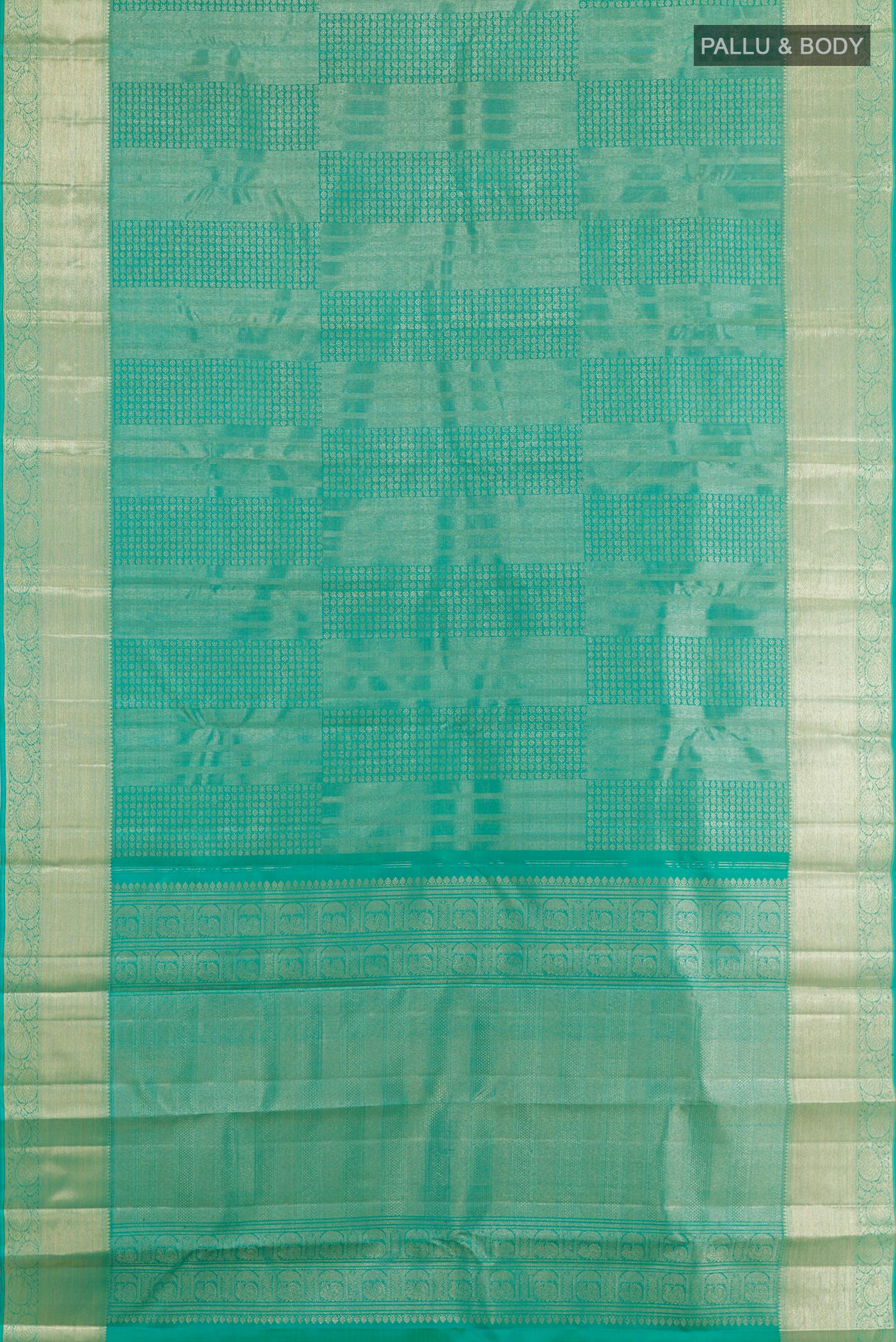 Flat view of Blue Kanchipuram Silk Saree with Zari Brocade on the body and Zari Border. 