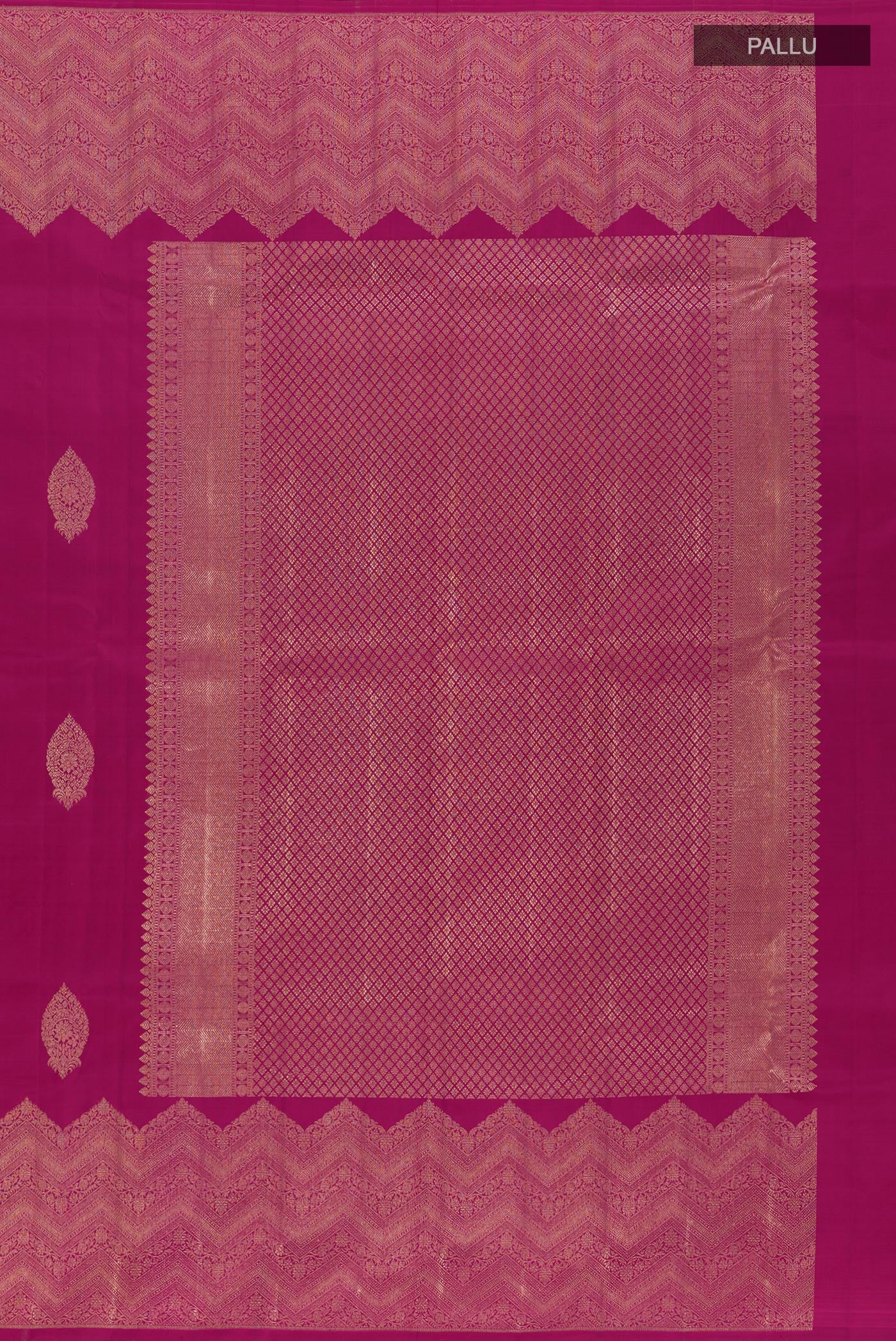 Close up image of the pallu of Light Magenta Kanjivaram Silk Saree with Zari Butta on the body and Zari Border. 