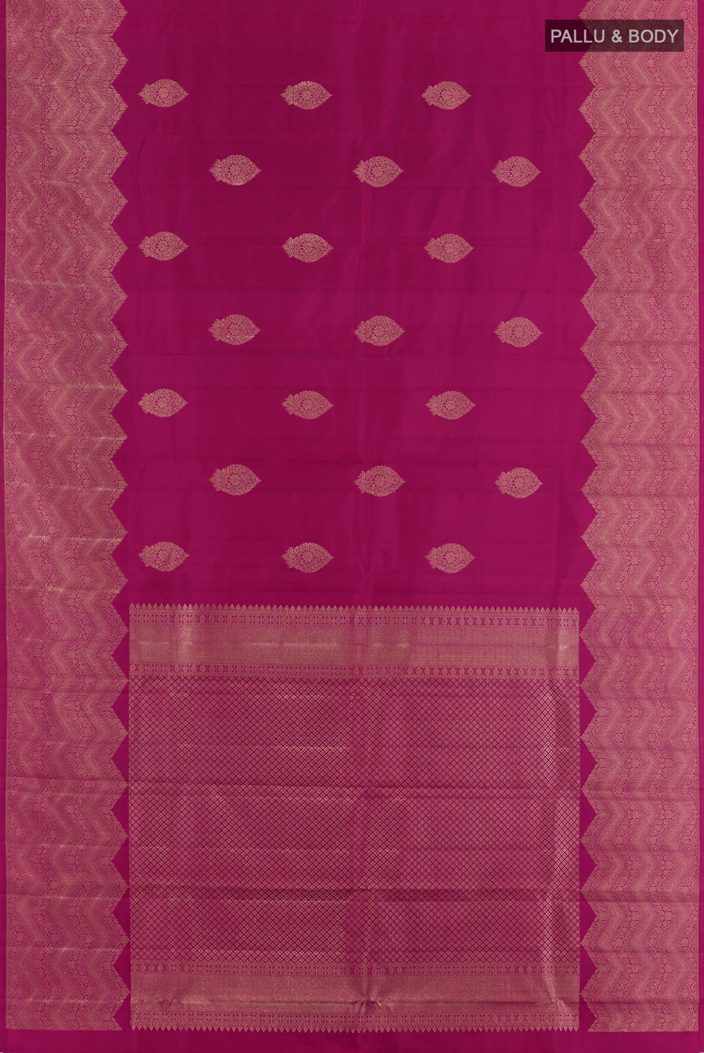 Flat view of Light Magenta Kanjivaram Silk Saree with Zari Butta on the body and Zari Border. 