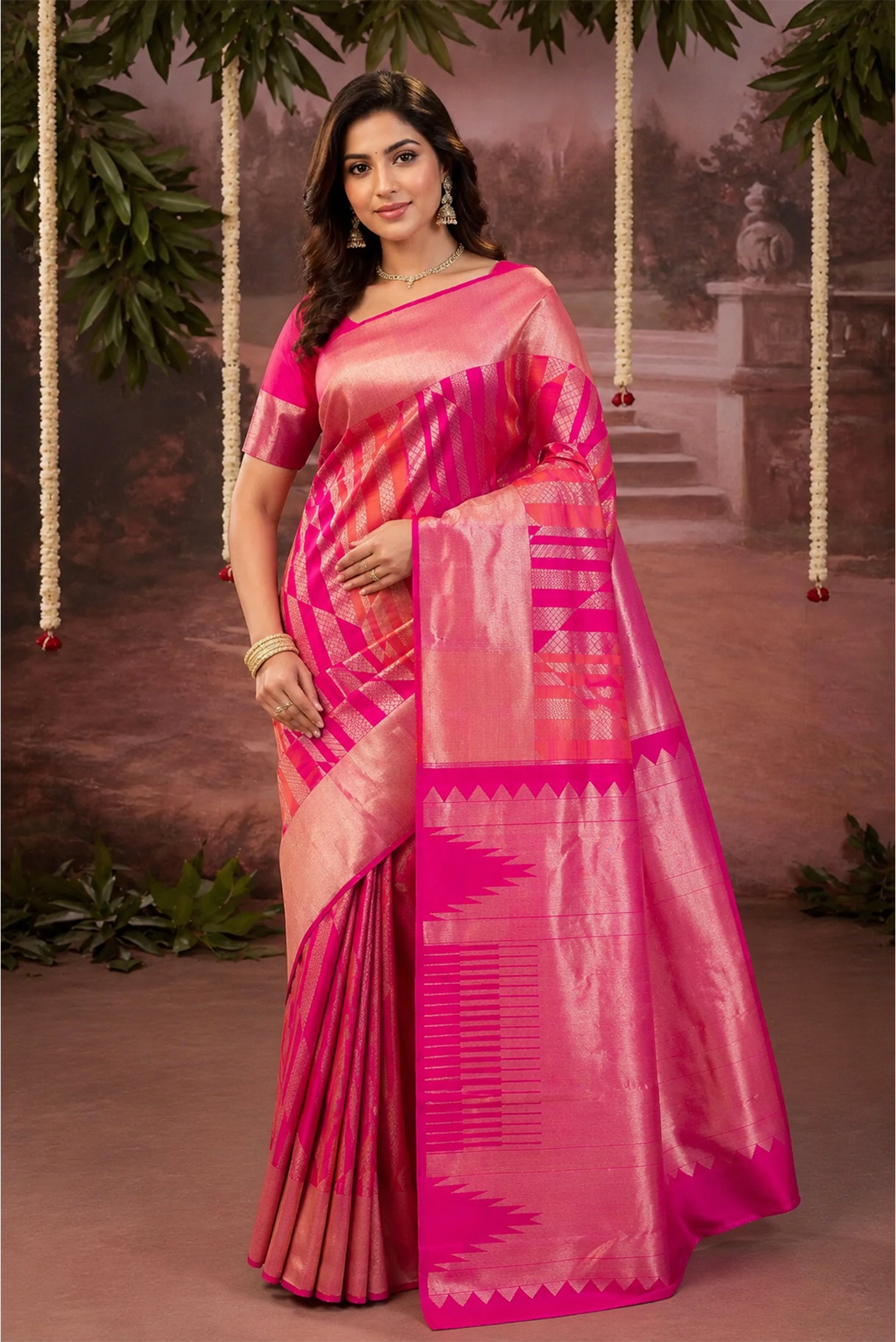 Model wearing a Rani Pink Kanchipuram Silk Saree with Zari Brocade on the body and Zari Border.