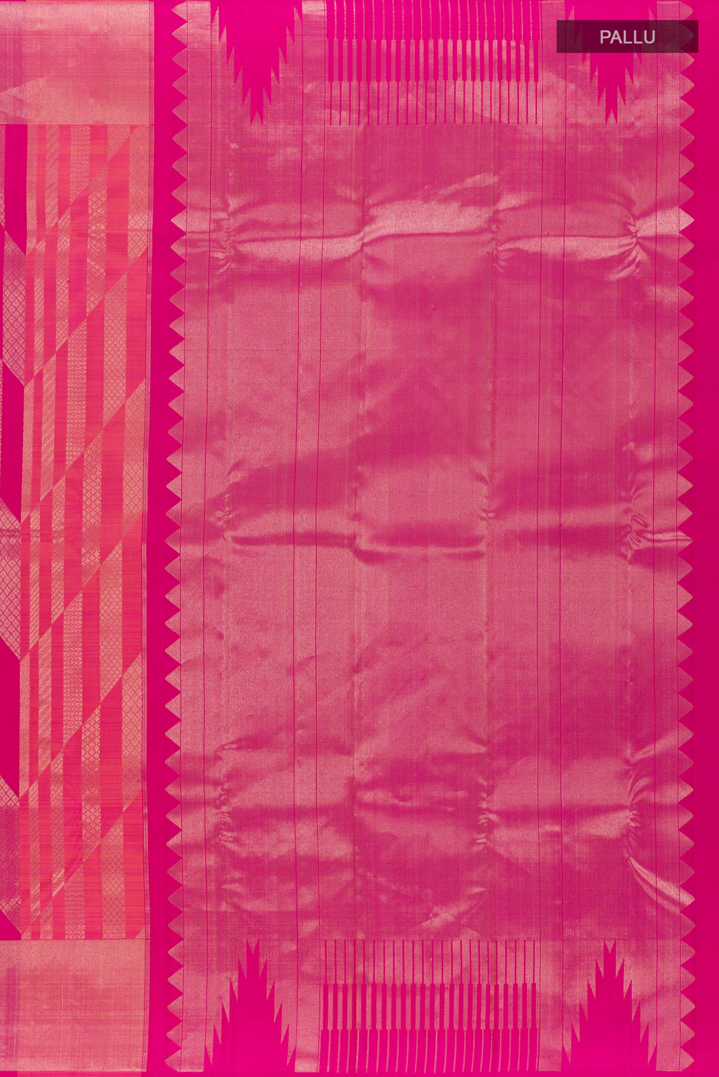 Close up image of the pallu of Rani Pink Kanchipuram Silk Saree with Zari Brocade on the body and Zari Border. 