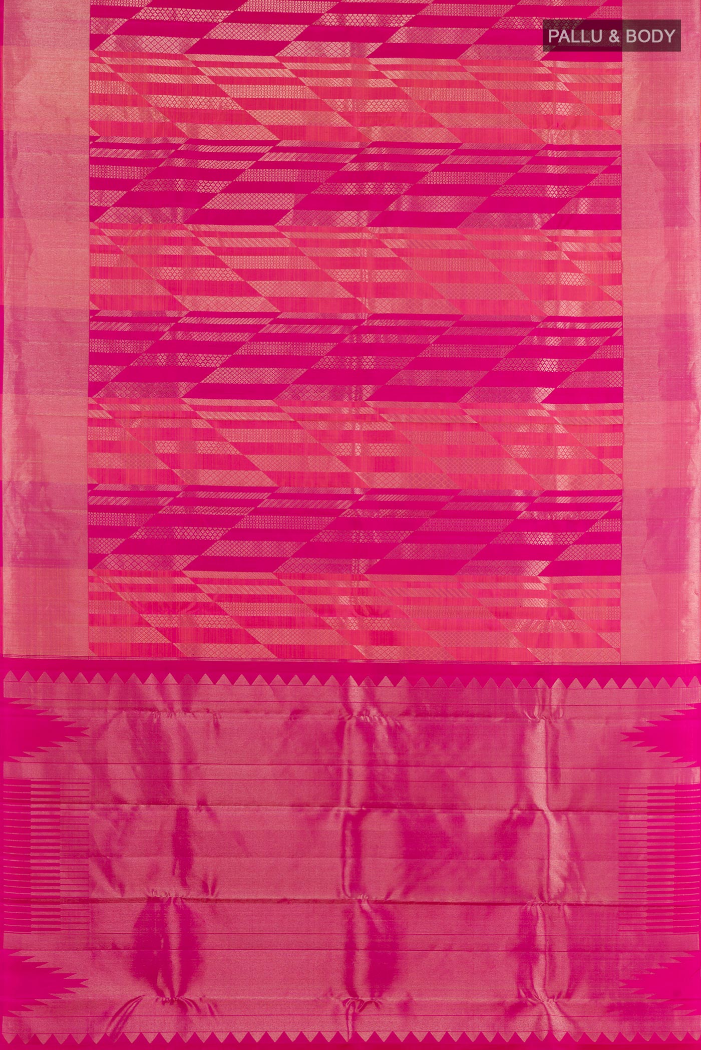 Flat view of Rani Pink Kanchipuram Silk Saree with Zari Brocade on the body and Zari Border. 