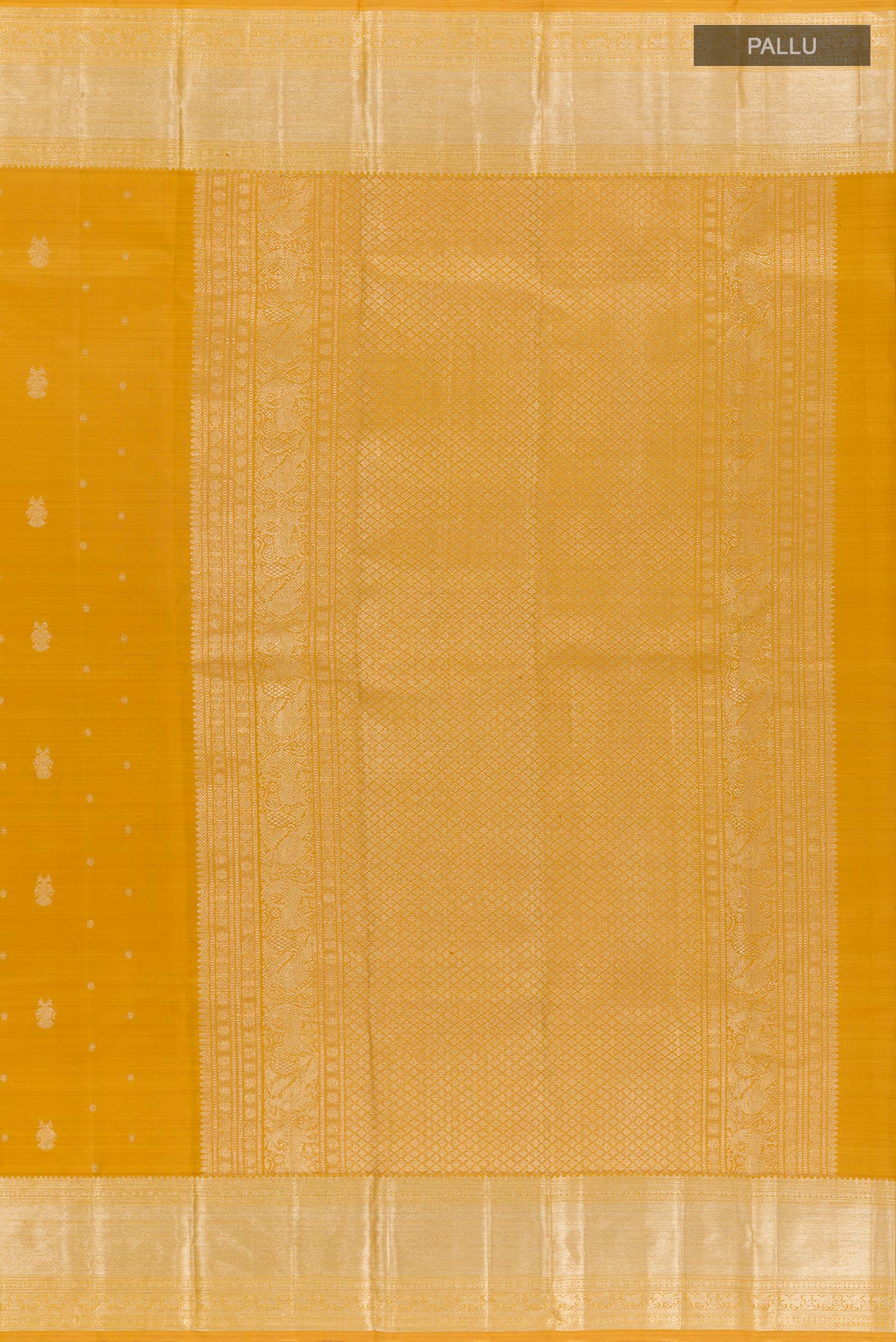 Close up image of the pallu of Yellow Kanjivaram Silk Saree with Zari Butta on the body and Zari Border. 