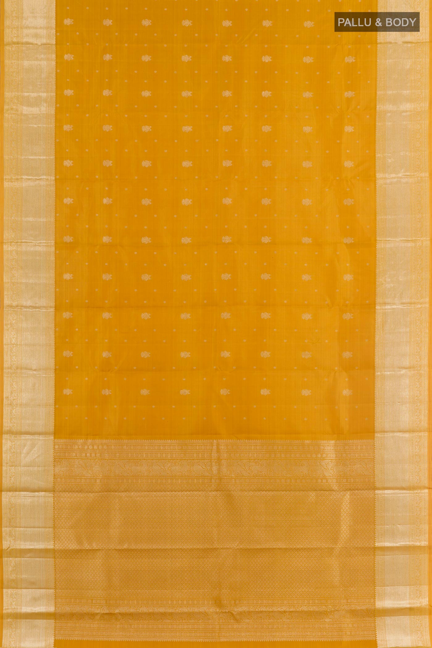 Flat view of Yellow Kanjivaram Silk Saree with Zari Butta on the body and Zari Border. 