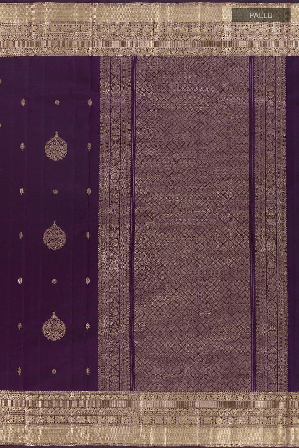 Close up image of the pallu of Purple Kanjivaram Silk Saree with Zari Butta on the body and Zari Border. 