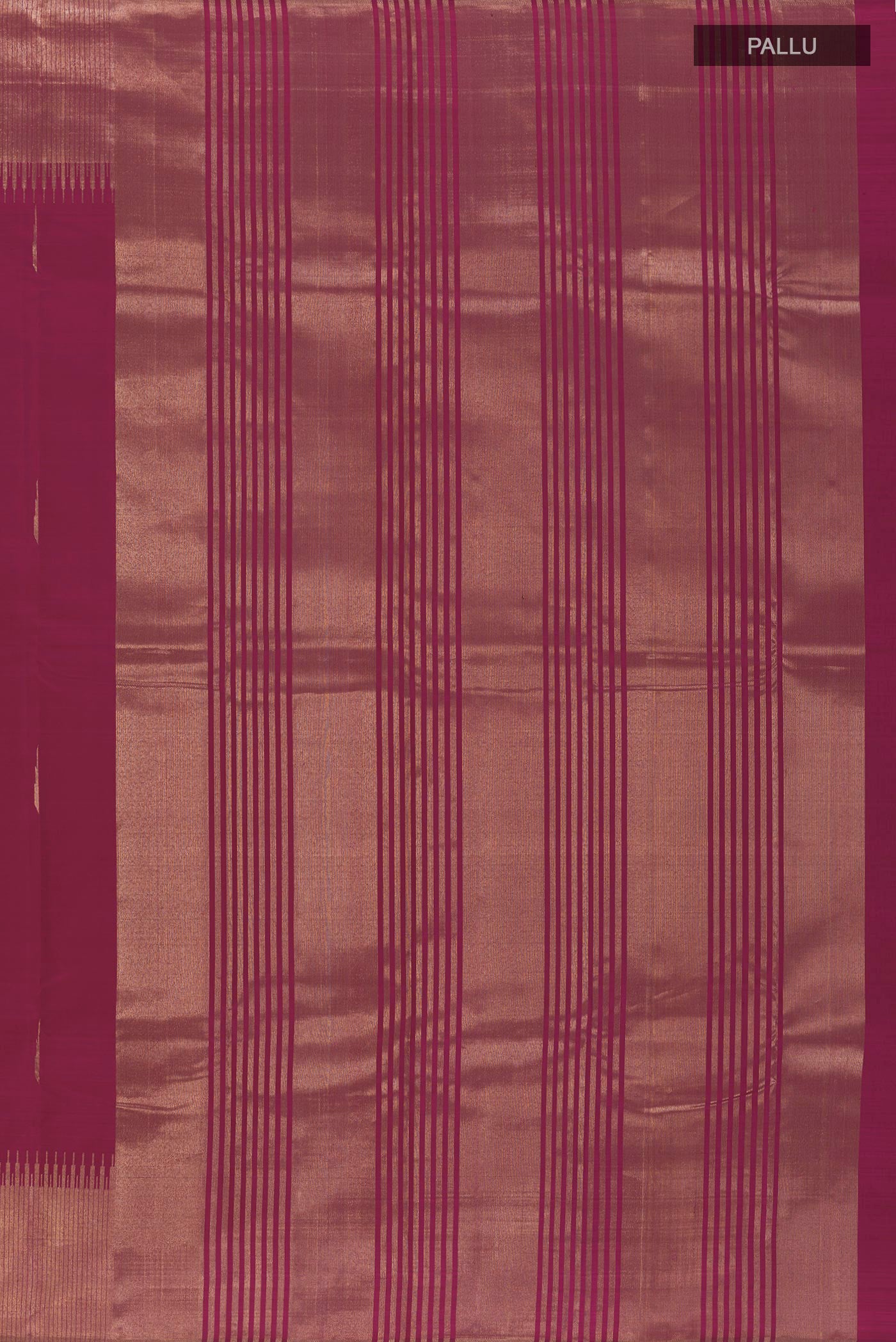 Close up image of the pallu of Purple Kanjivaram Silk Saree with Zari Butta on the body and Zari Border. 