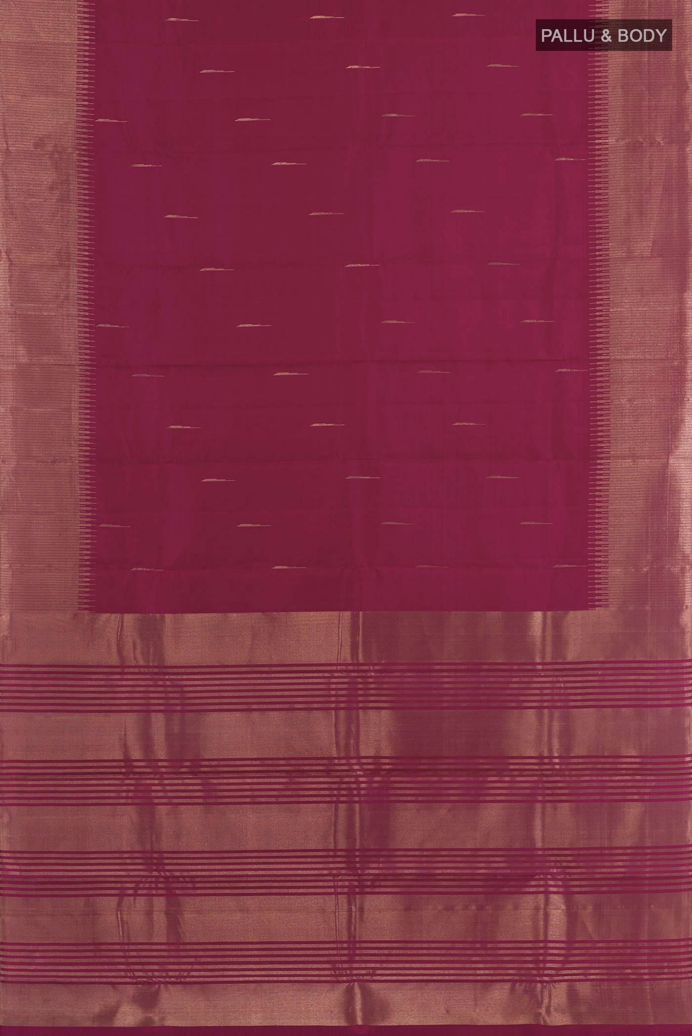 Flat view of Purple Kanjivaram Silk Saree with Zari Butta on the body and Zari Border. 